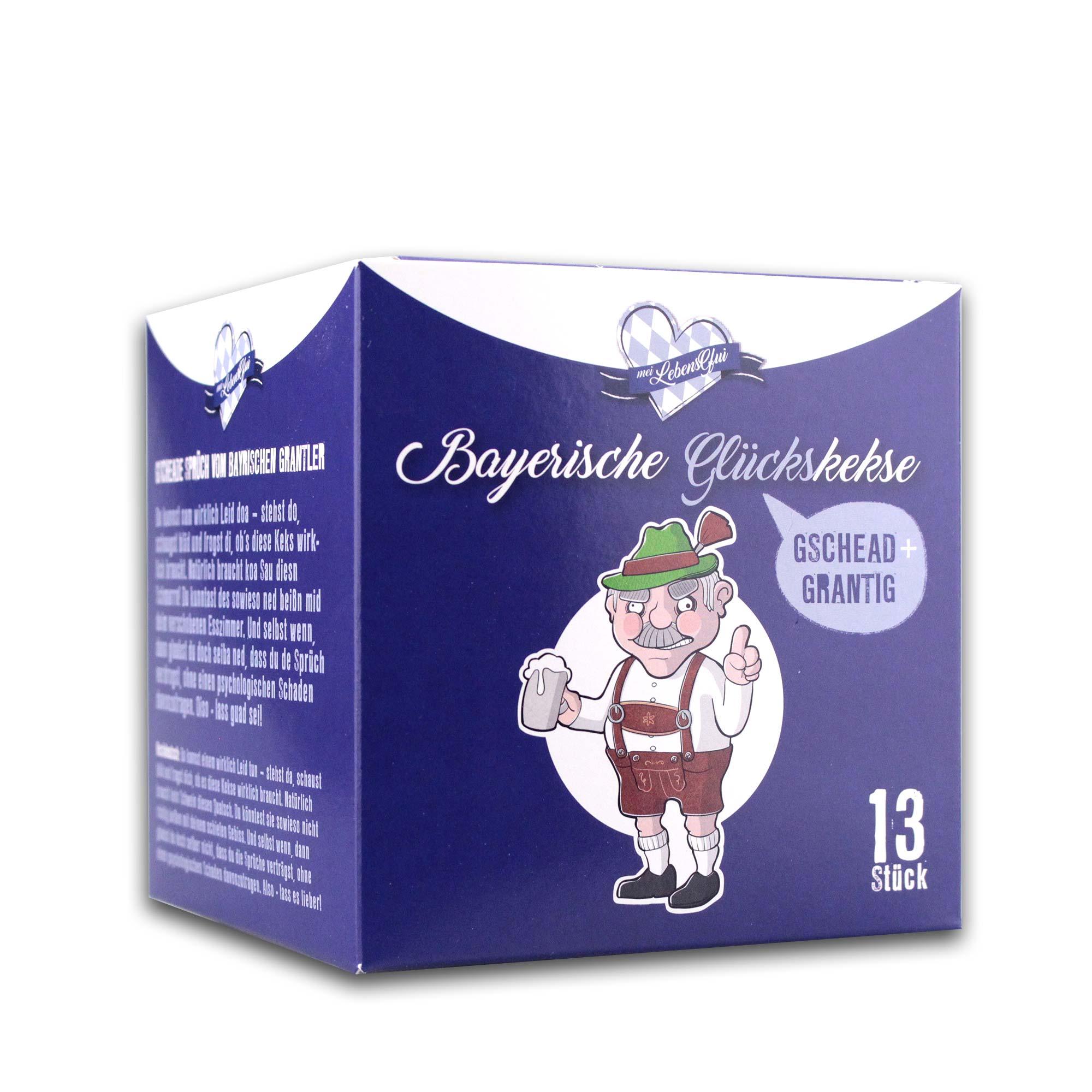 Bayerische Glückskekse Packung mit bayerischem Grantler-Motiv, Schriftzug Gschead + Grantig, 13 Stück.