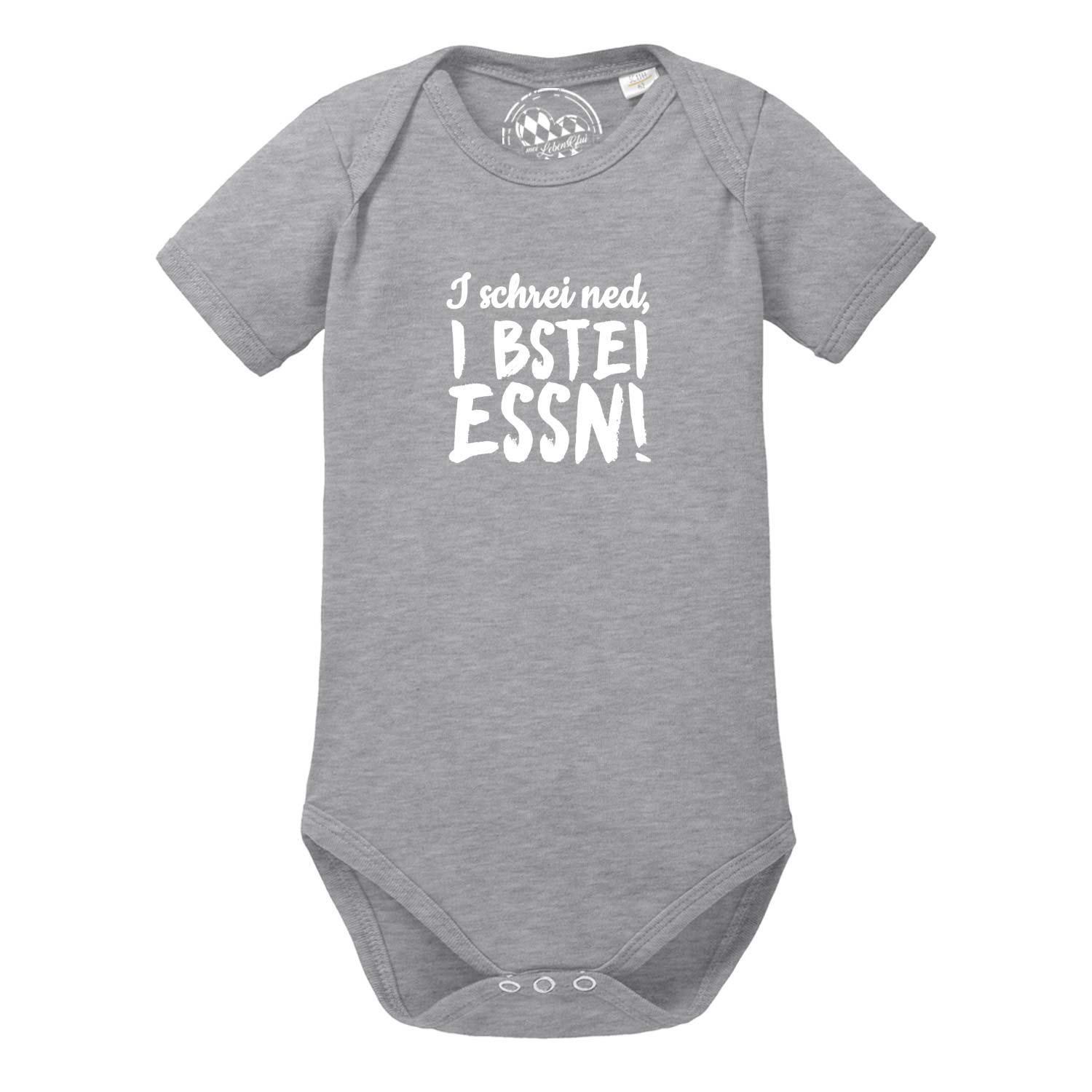 Grauer Baby Body I bstei Essn mit kurzem Arm und Druckknöpfen, weisser Schriftzug auf Brust.