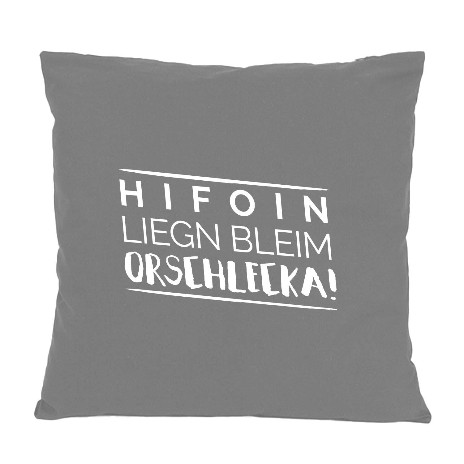 Graues Baumwollkissen Hifoin liegn bleim mit weißem, bayerischem Spruch, perfekt für Sofa oder Bett.
