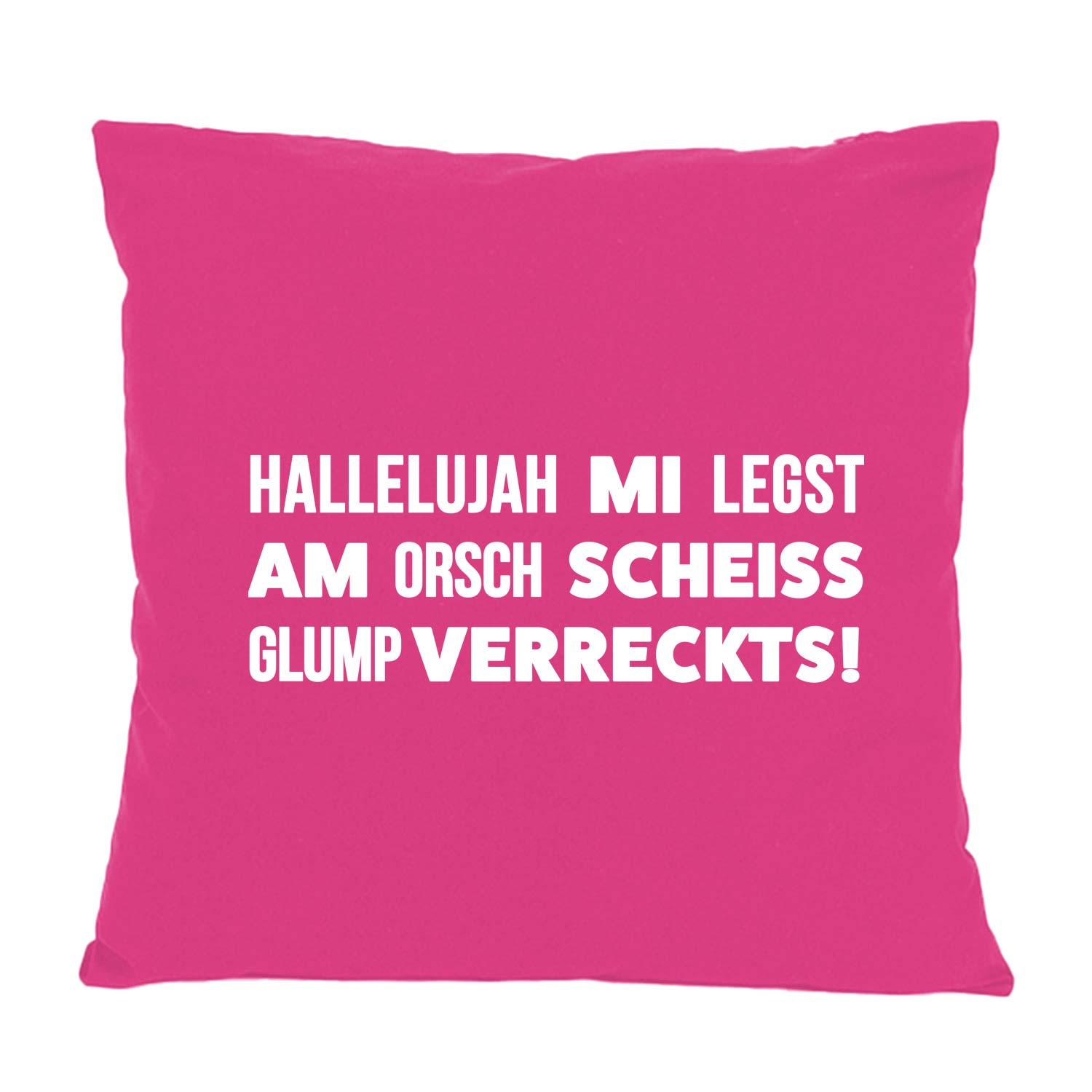 Pinkes Kissen Hallelujah mi legst am, bedruckt mit weißem bayerischem Spruch, für Humorliebhaber.