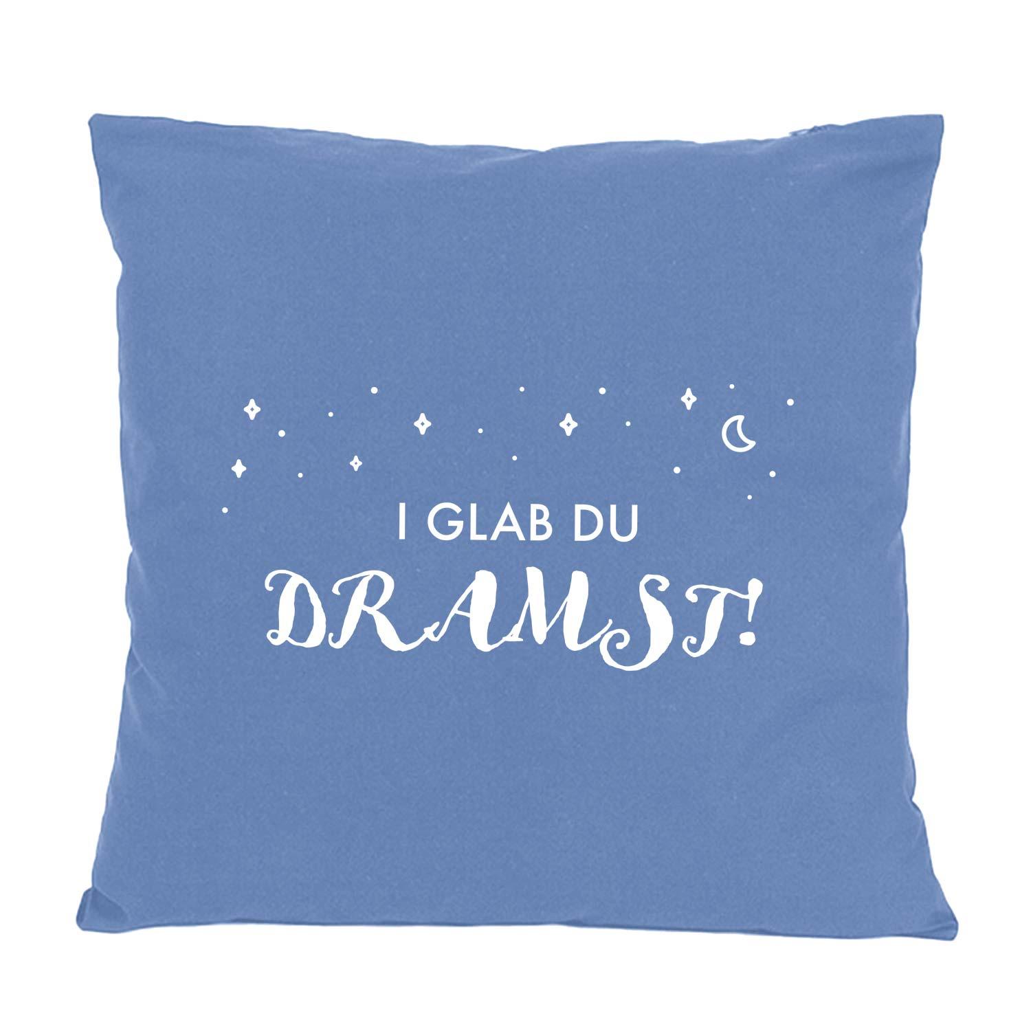 Blaues Kissen "I glab du dramst!" mit weißem Schriftzug, Sternen und Mond-Design für gemütliche Träume.