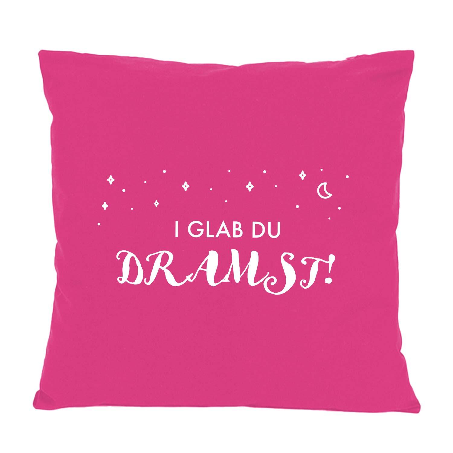 Pinkes Kissen "I glab du dramst!" mit weißem Schriftzug und kleinen Sternen, Halbmondmotiv.