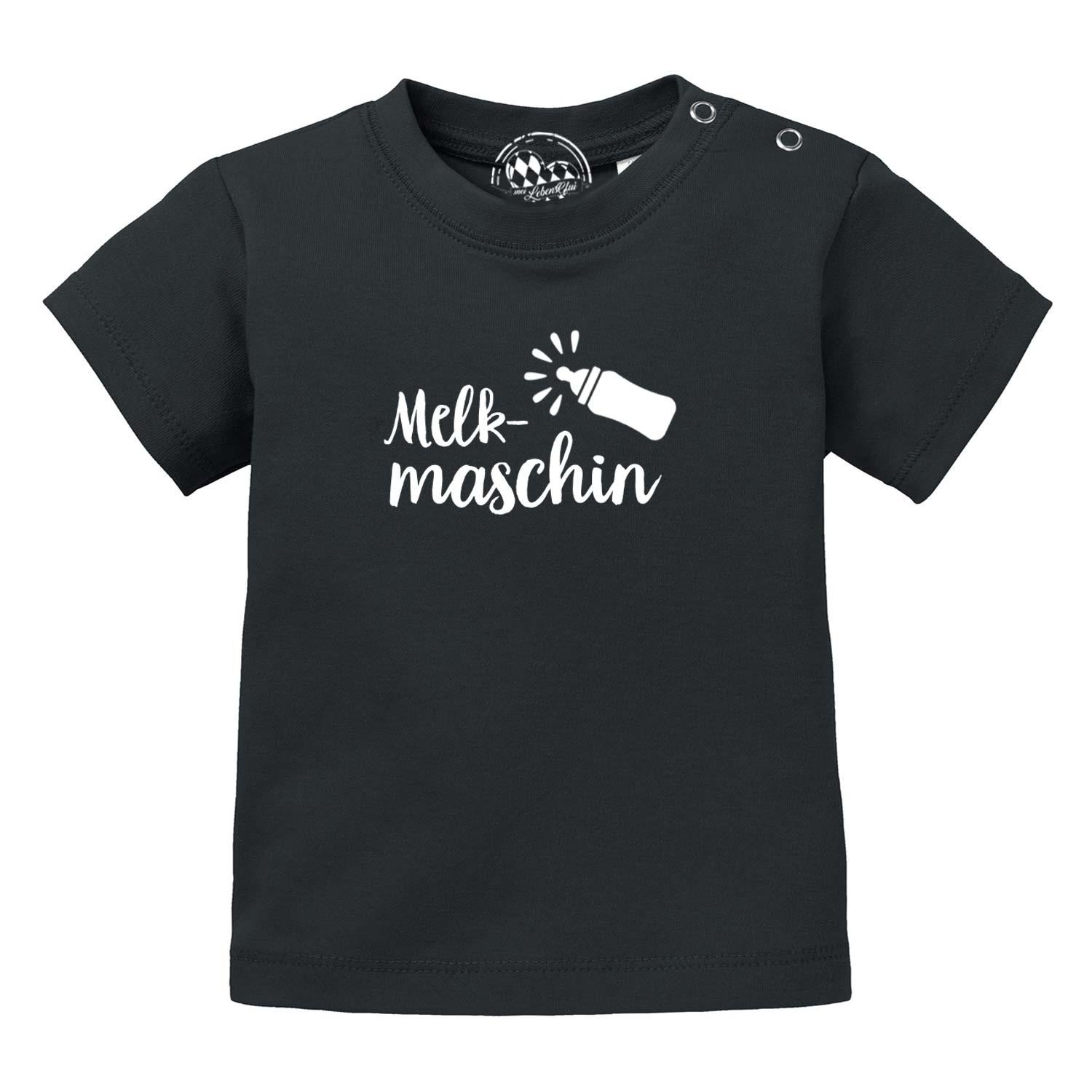Schwarzes Baby T-Shirt Melkmaschin mit weißem Aufdruck und Flaschen-Motiv für Kleinkinder