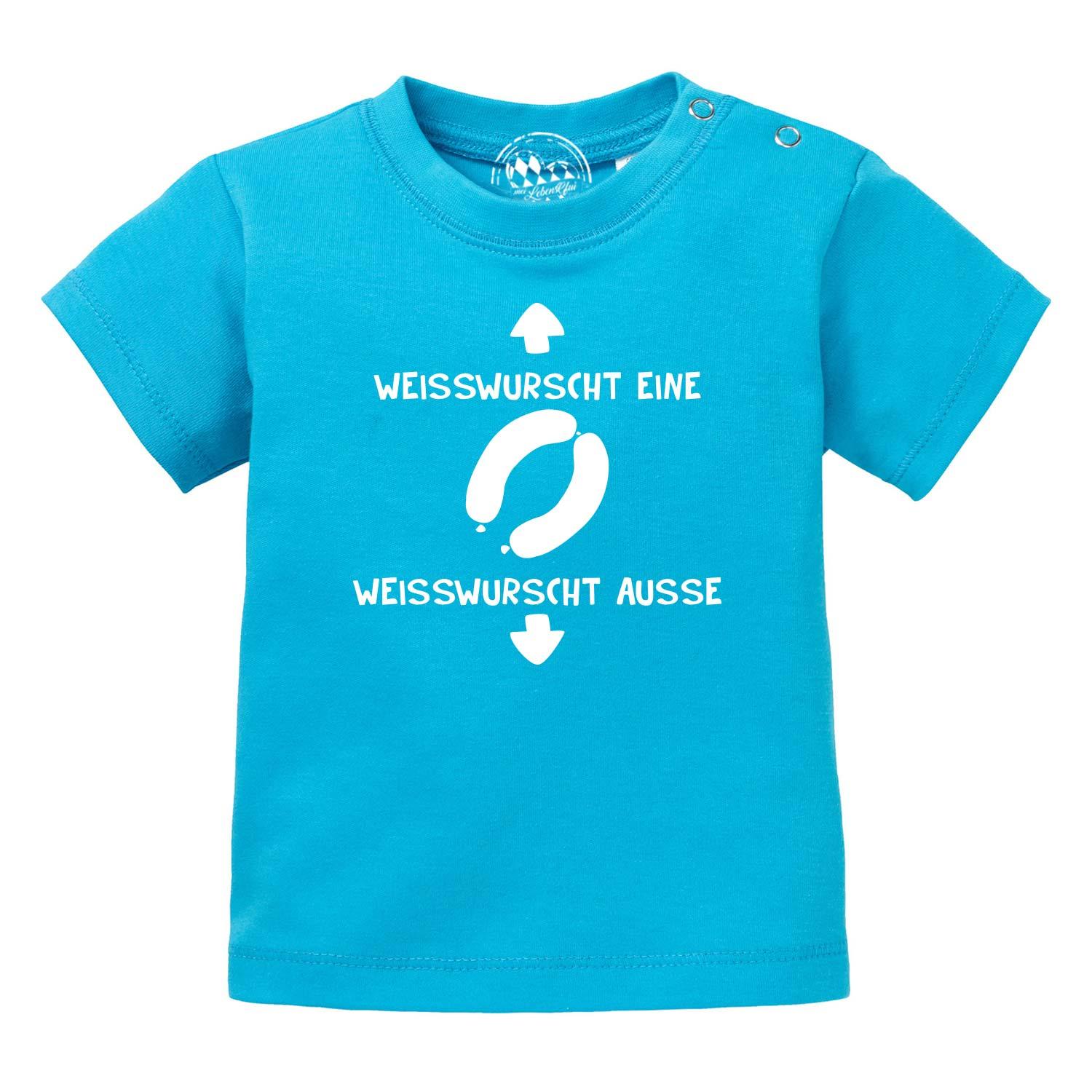 Blaues Baby T-Shirt "Weisswurscht" mit lustigem Spruch und Weisswurst-Motiv, Druckknöpfen an der Schulter.