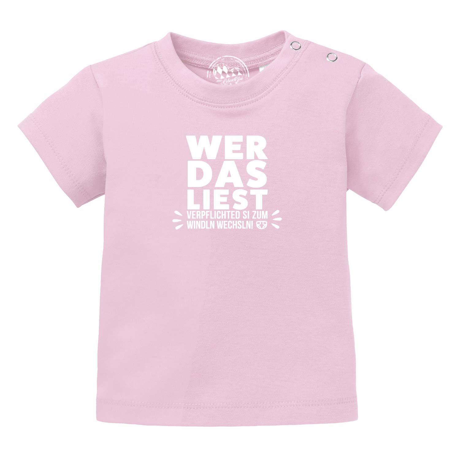 Rosa Baby T-Shirt "Windln wechsln!" mit witzigem Aufdruck in Weiß, seitlichen Druckknöpfen.