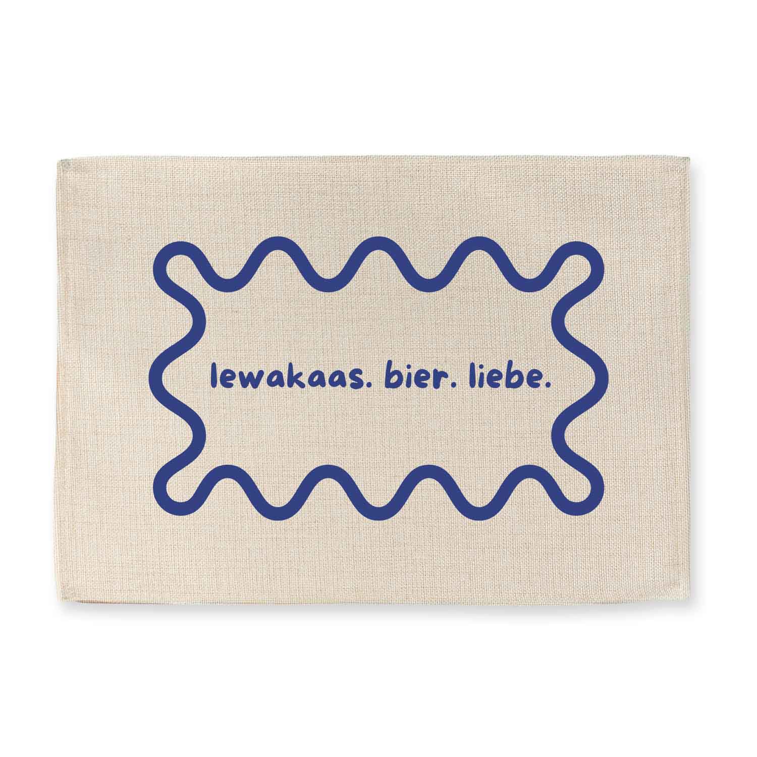 Beiges Tischset "lewakaas. bier. liebe." mit blauem Leberkäse-Umriss und Schriftzug in Weiß