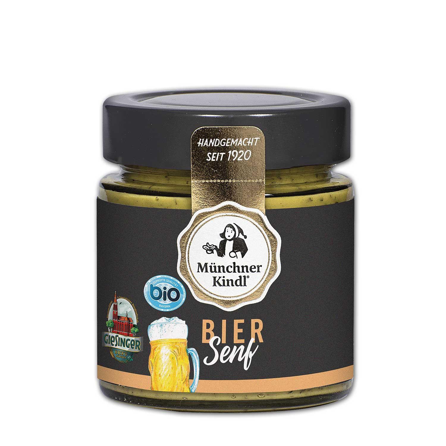 Münchner Kindl Bio Bier Senf in Glas, handgemacht, Giesinger Logo. Teil der Geschenkbox "Brotzeit".