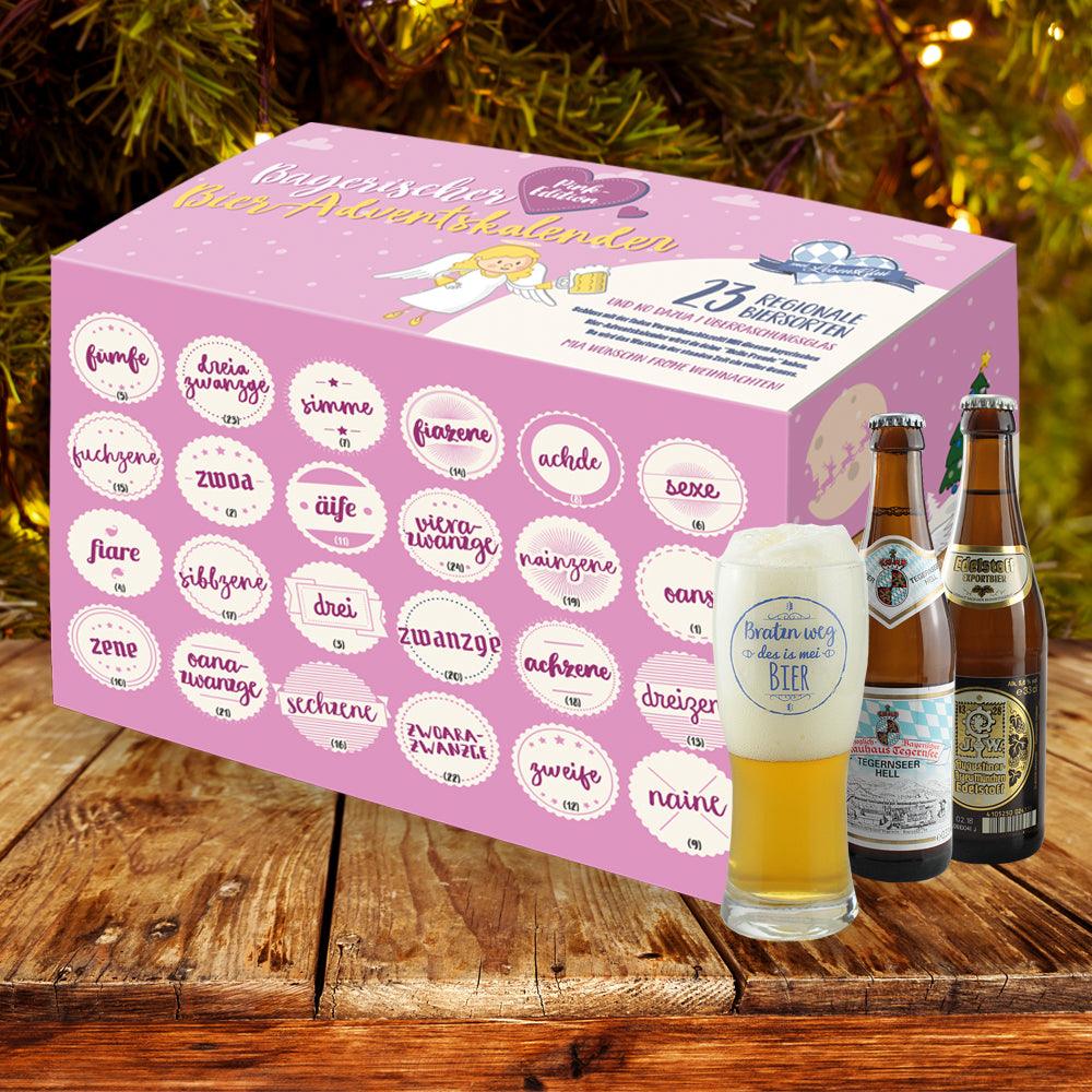 Stylisher Bier Adventskalender PINK Edition mit 24 regionalen Biersorten, Glas und dekorativem Design.