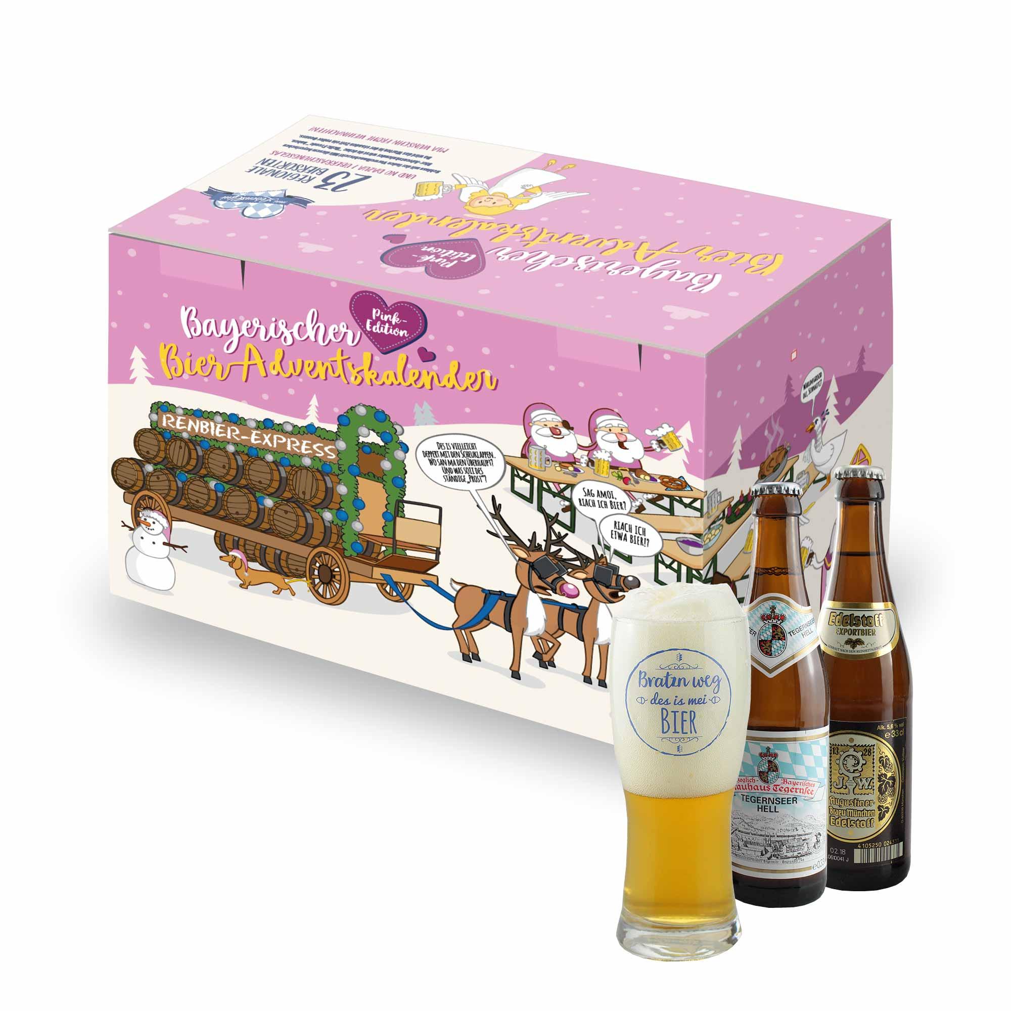 Bier Adventskalender PINK Edition in Weihnachts-Design mit Bieren und Glas.