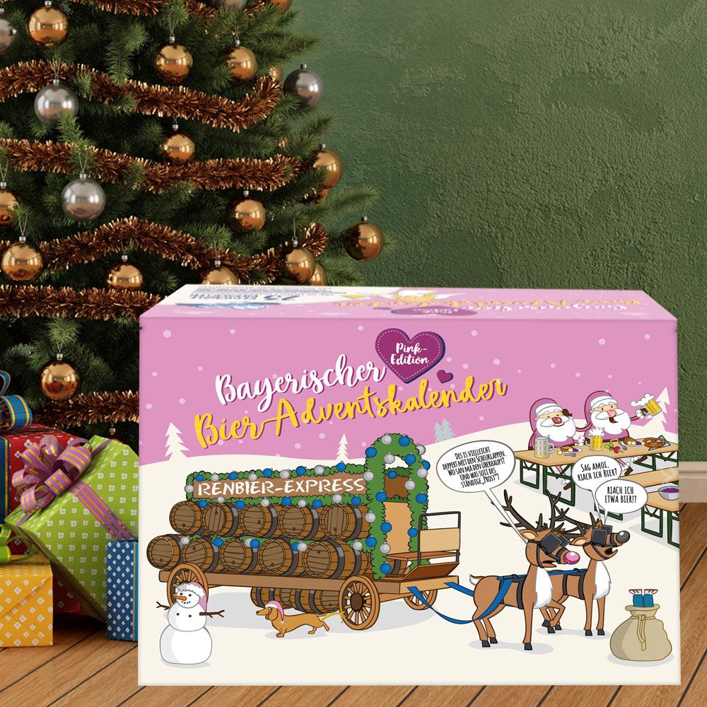 Rosa Bier Adventskalender PINK Edition mit bayerischem Motiv, Rentier-Express und festlichem Weihnachtsbaum.
