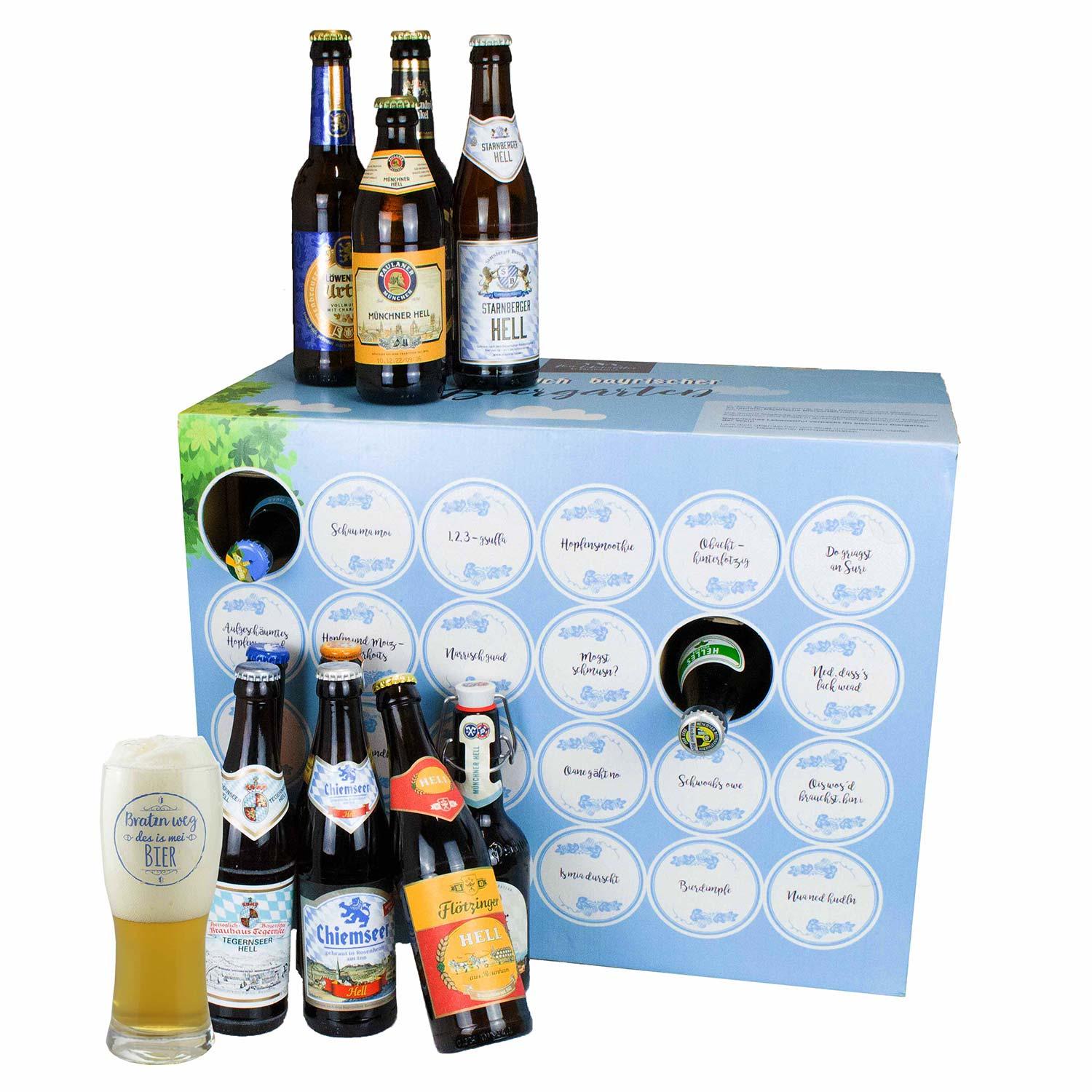 Bier-Box "Bayerischer Biergarten" mit 24 Überraschungen, gefüllt mit verschiedenen bayerischen Bieren und einem Weißbierglas.