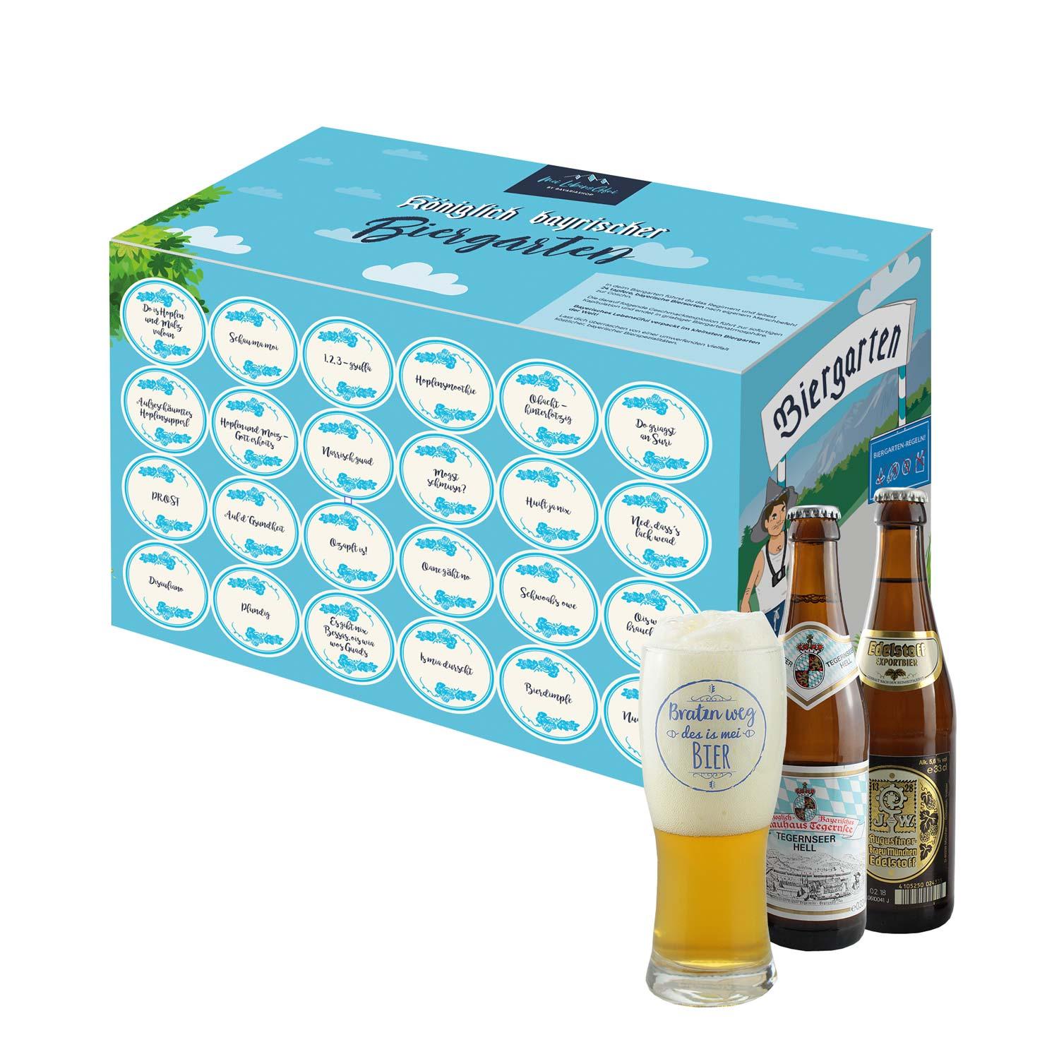 Bier-Box "Bayerischer Biergarten" mit gefülltem Weißbierglas, zwei Bierflaschen und bayerischem Aufdruck auf der Box.