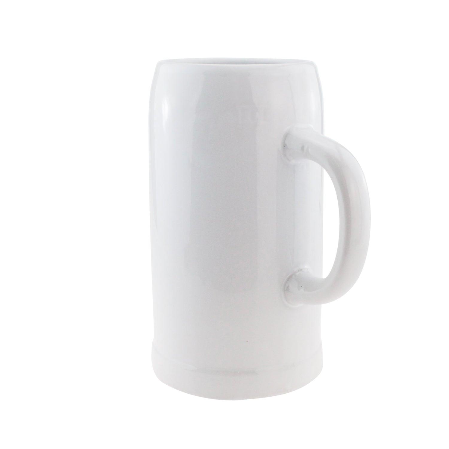 Glänzender weißer Keramik-Maßkrug mit Henkel, ideal für Bierliebhaber und Sammler von Krügen.
