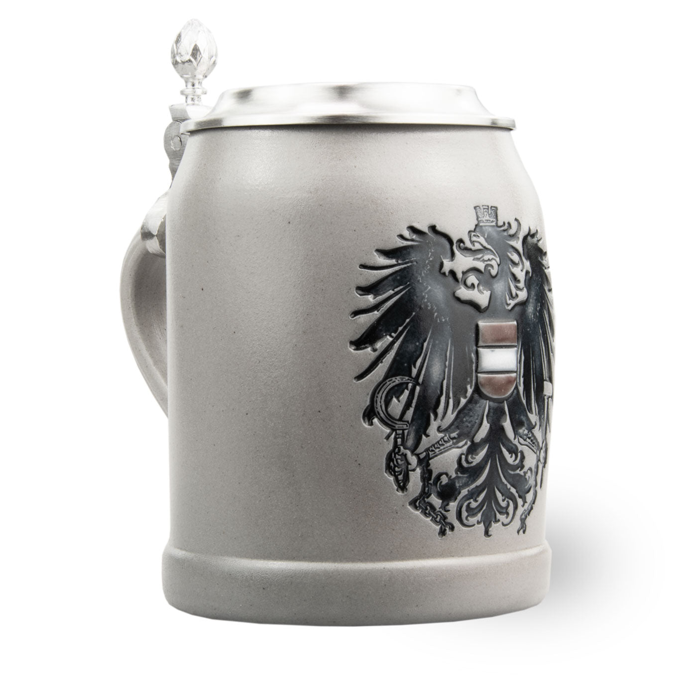 PREMIUM Bierkrug Austria aus Steingut mit detailliertem österreichischen Bundesadler, Zinndeckel und Gravur.