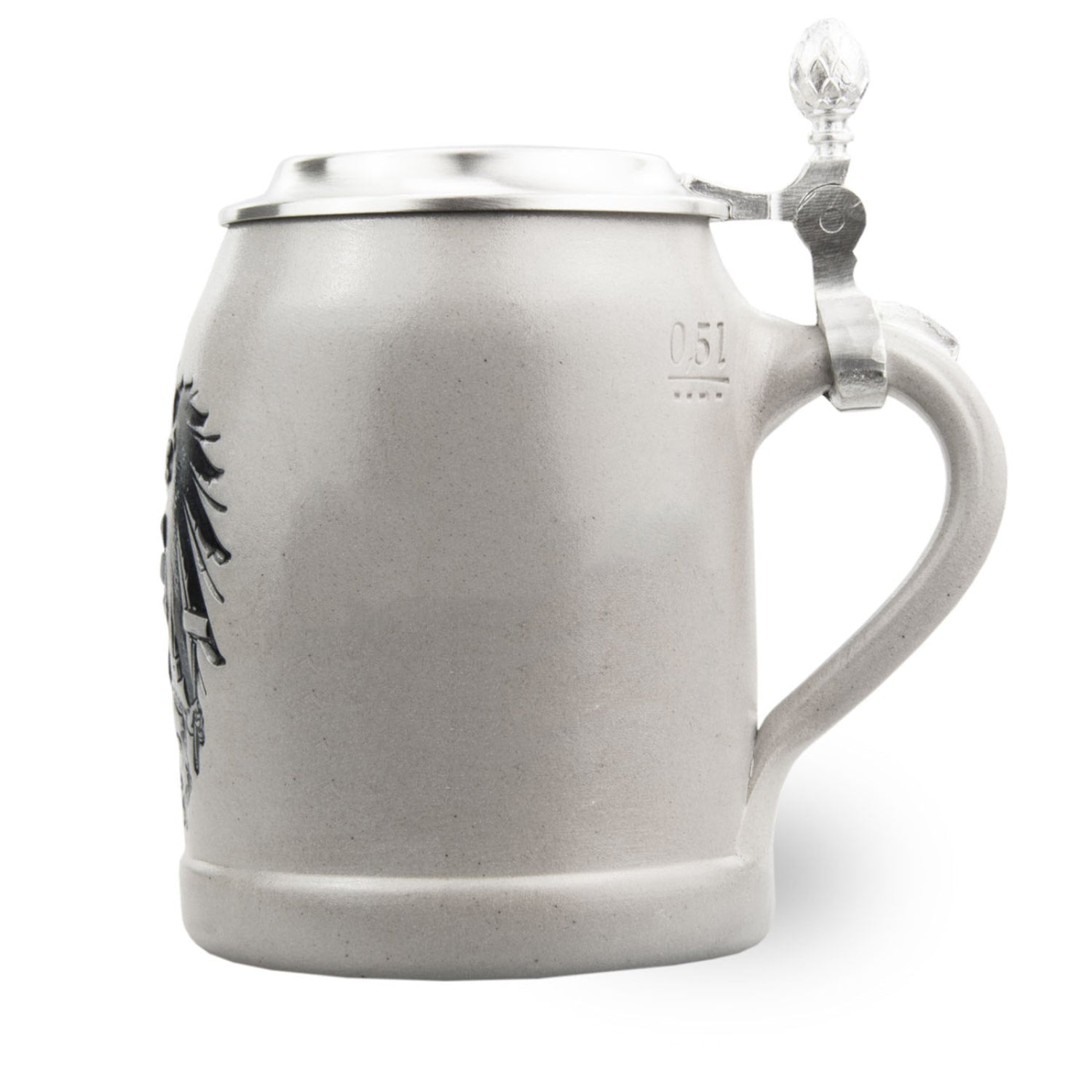 Grauer PREMIUM Bierkrug Austria aus Keramik mit Zinndeckel und Henkel, ideal für Biertrinker.