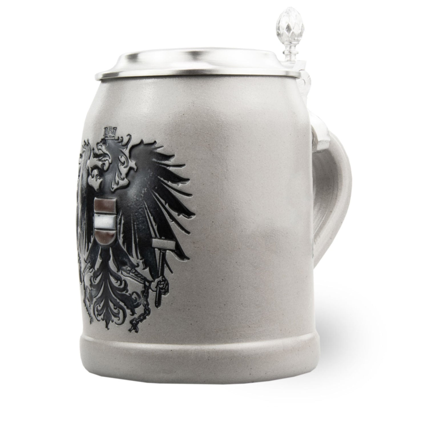 PREMIUM Bierkrug Austria mit Zinndeckel und mattgrauer Oberfläche, verziert mit schwarzem Bundesadler-Relief.