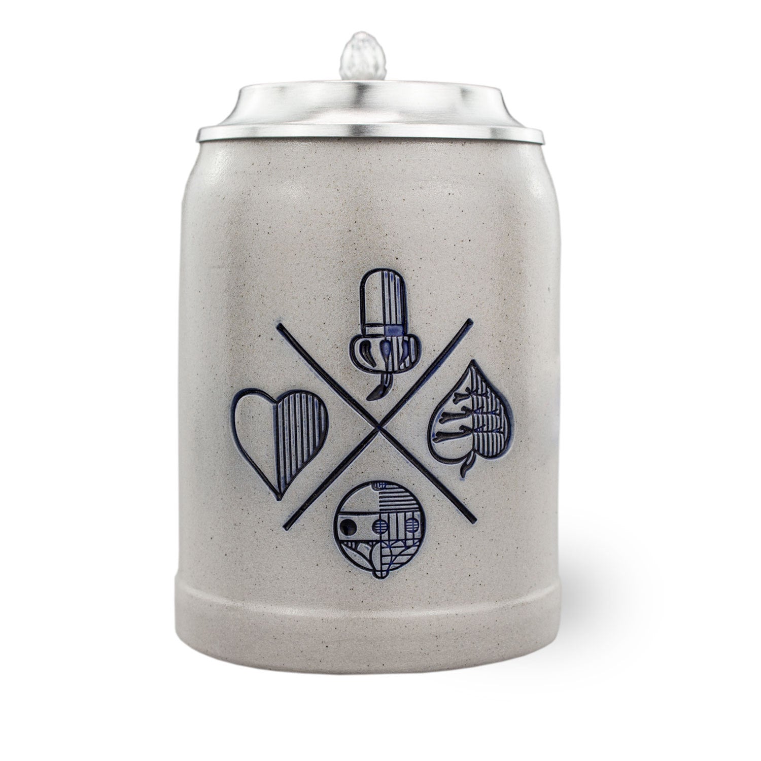 PREMIUM Bierkrug Schafkopfen aus Keramik, Zinndeckel, mit blauem Herz, Laub, Eichel und Schellen Symbolen.