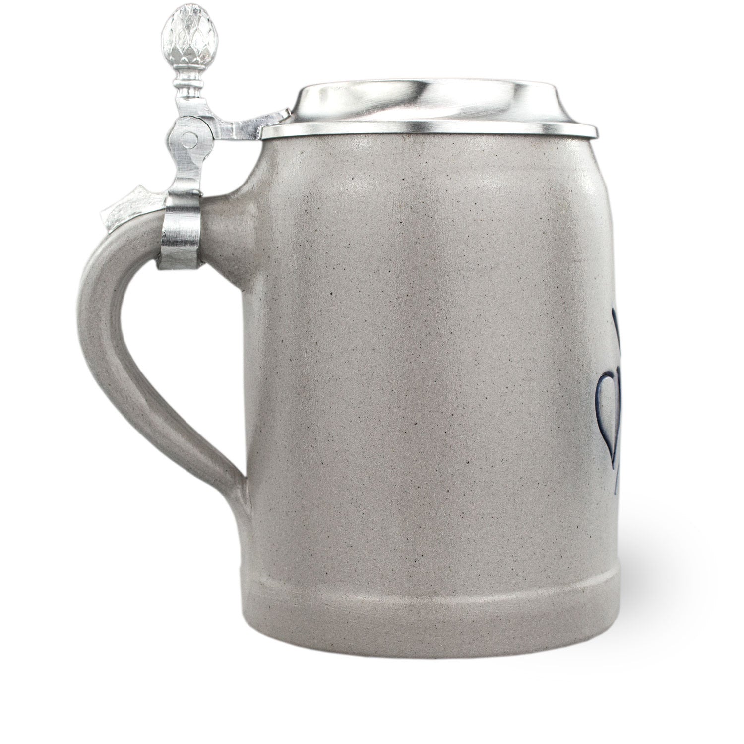 Grauer PREMIUM Bierkrug "Schafkopfen" aus Steinzeug mit glänzendem Zinndeckel und Henkel, seitenansicht