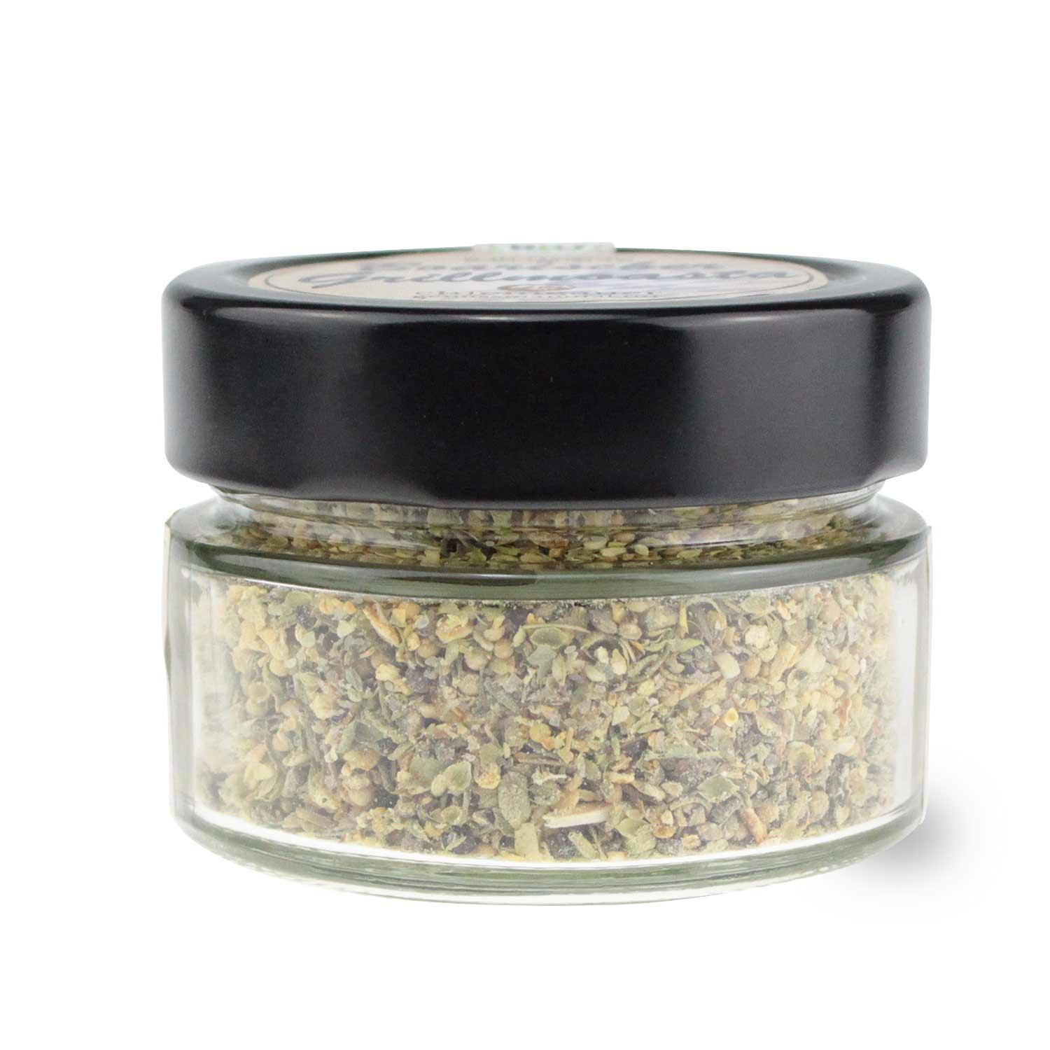 Grobes Bio-Grillrub-Salz mit sichtbaren Kräutern und Gewürzen, beige-braune Farbe, 80 g, Steinsalz aus den Alpen.