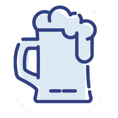 Stilisierter Bierkrug mit Schaumkrone in blauer Outline-Grafik, Symbol für Getränke oder Gastlichkeit.