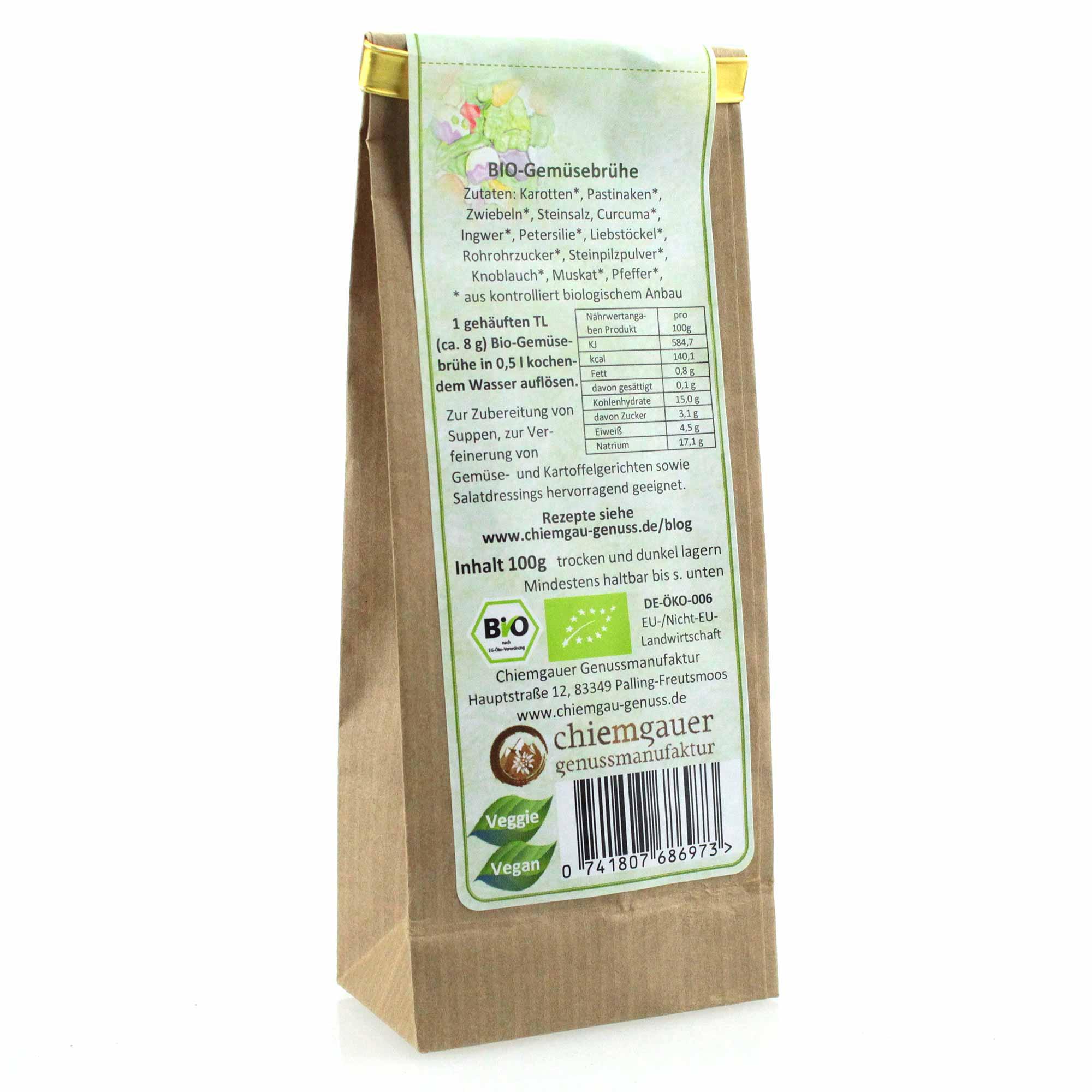 Bio-Gemüsebrühe in brauner Papiertüte mit Zutatenliste, Nährwerten und veganem Siegel.