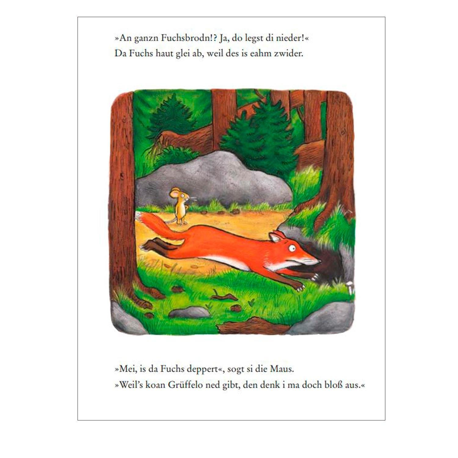 Illustration aus dem Buch Da Grüffelo auf boarisch mit Fuchs und Maus im Wald; Text auf Bairisch.