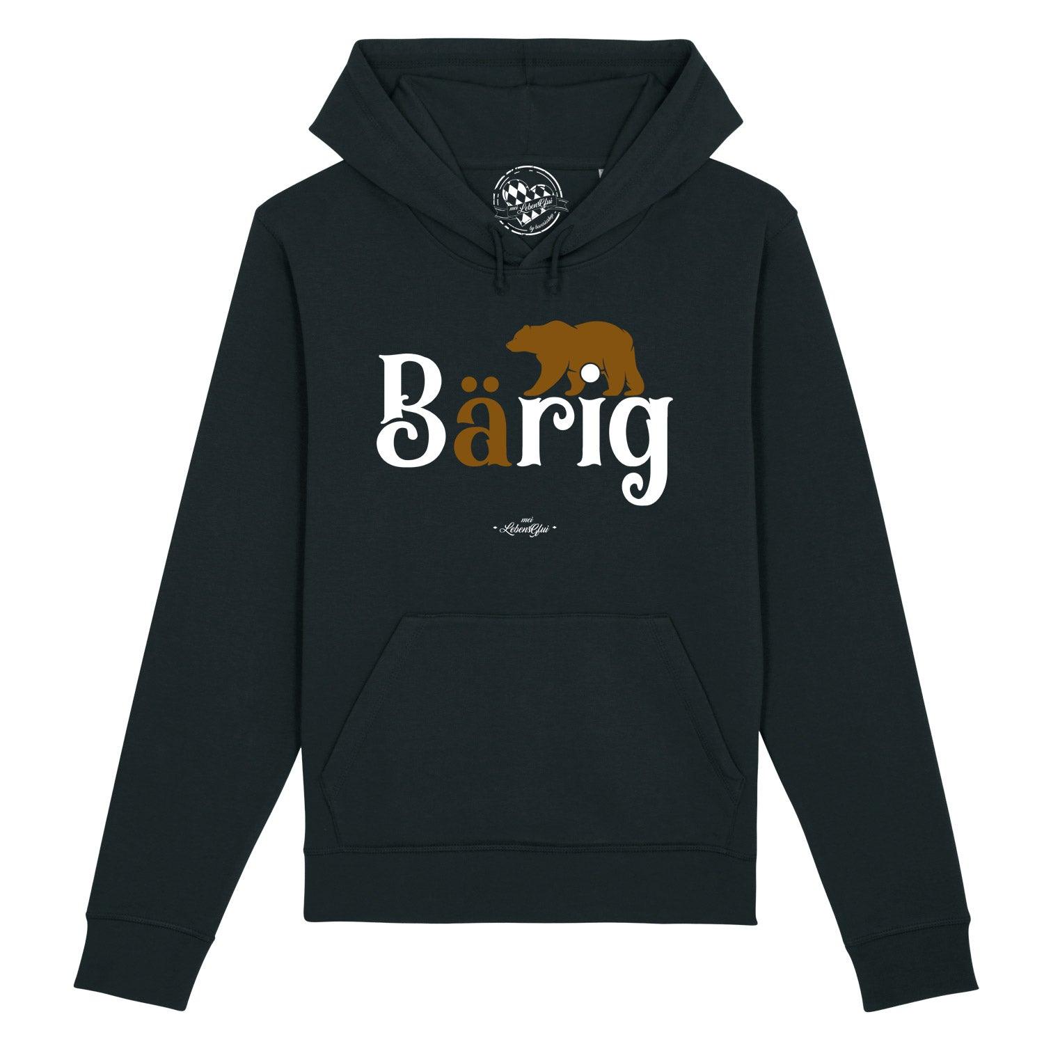 Damen Hoodie "Bärig" in Schwarz mit weißem Schriftzug und braunem Bären-Motiv, bequeme Kapuze und Bauchtasche.