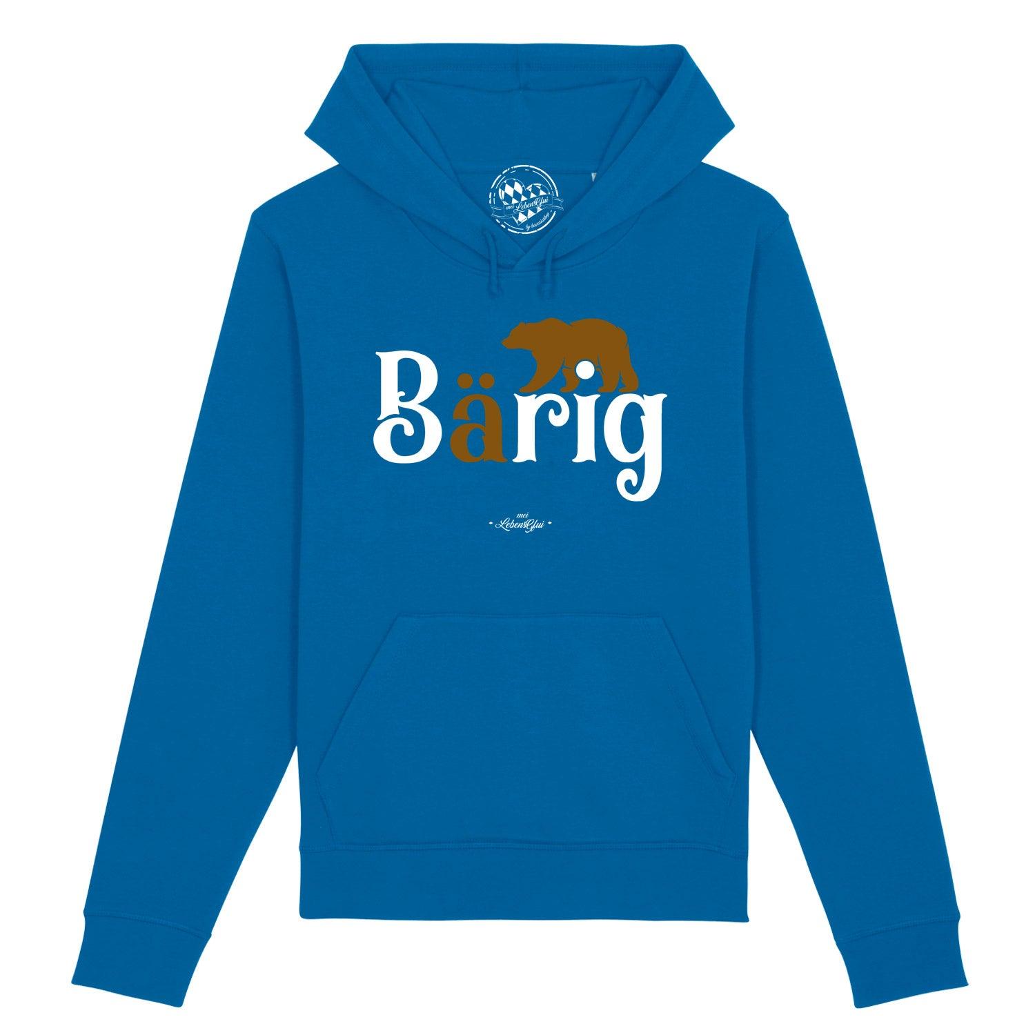 Blauer Damen Hoodie "Bärig" mit weißer Schrift und brauner Bärensilhouette, Kapuze und Bauchtasche.