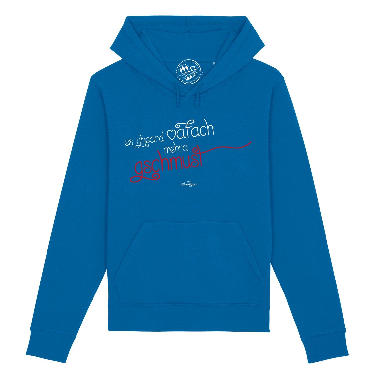 Damen Hoodie Gschmust in leuchtendem Blau mit weißer und roter Schrift auf der Brust, Bauchtasche und Kapuze.
