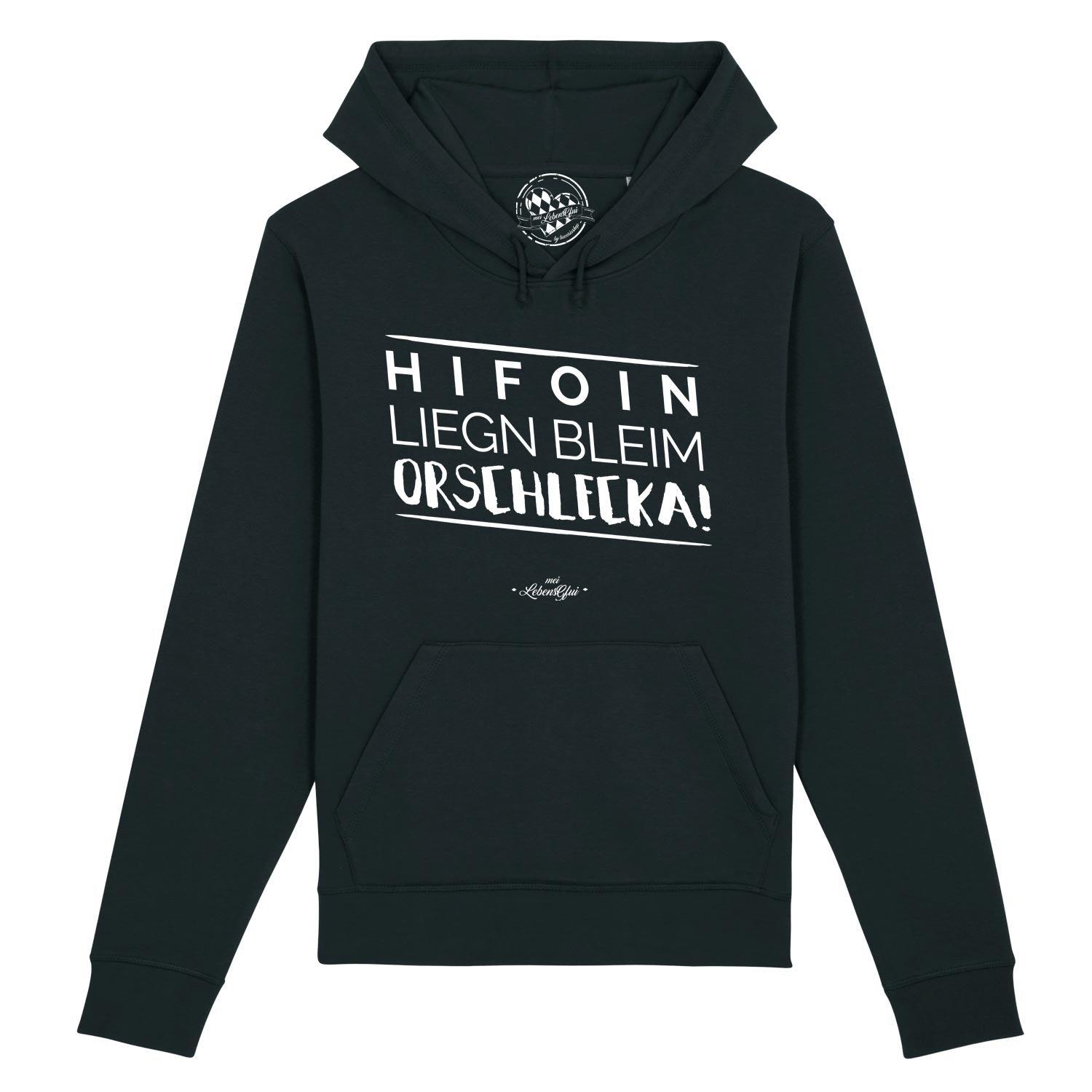 Dunkelblauer Damen Hoodie Hifoin liegn bleim... mit weißem Print und Kängurutasche.