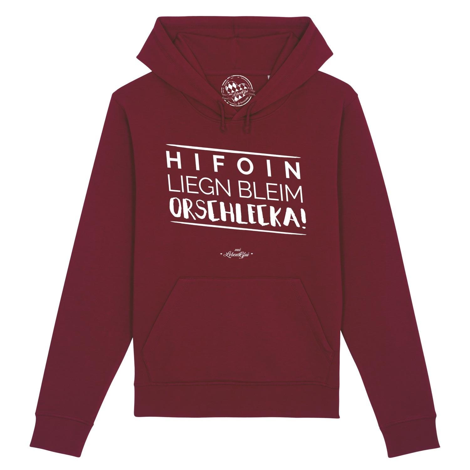 Damen Hoodie Hifoin liegn bleim... in Dunkelrot mit weißem Spruch und Bauchtasche, bequem geschnitten