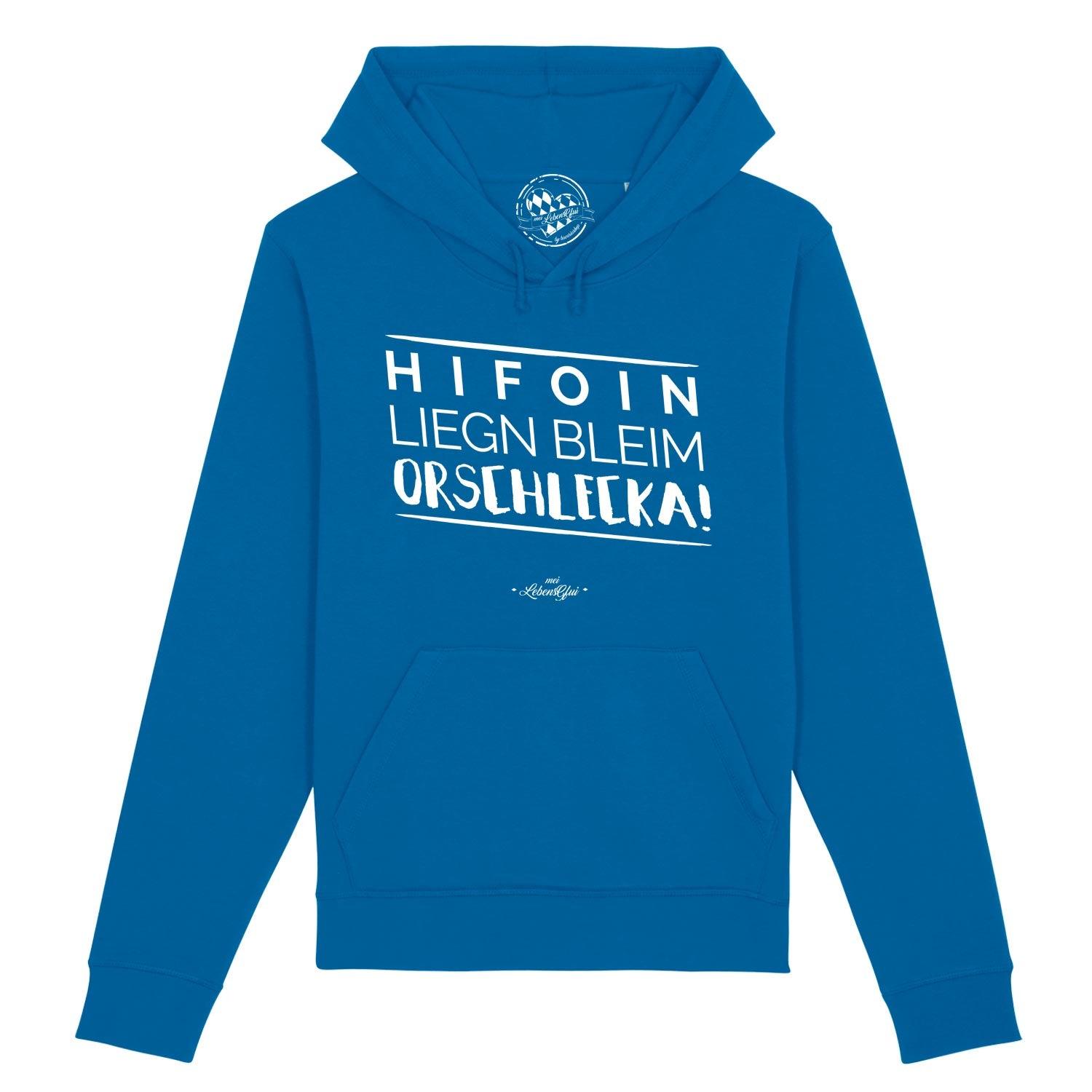 Damen Hoodie Hifoin liegn bleim in leuchtendem Blau mit weißem bayerischem Spruch und Kängurutasche.