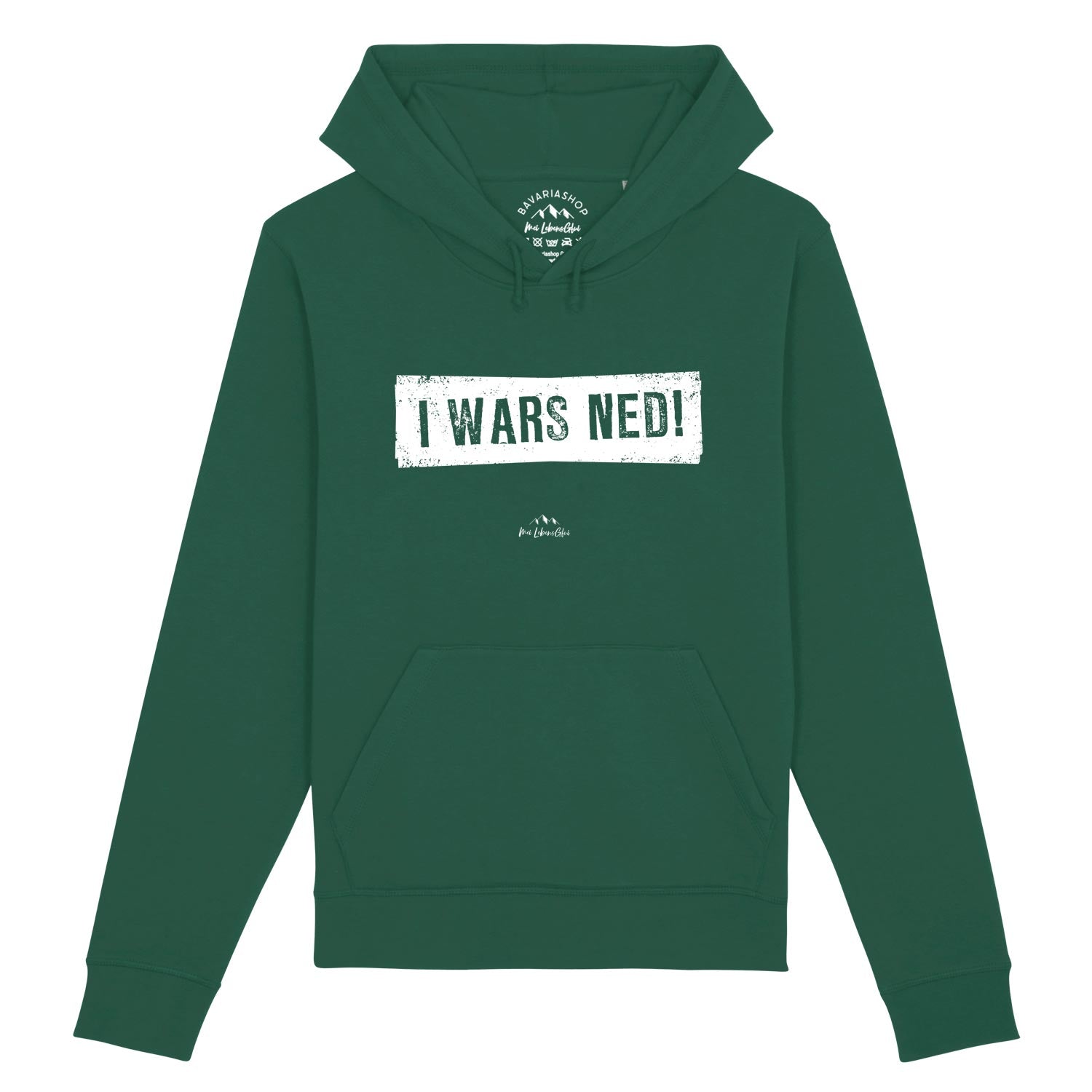 Grüner Damen Hoodie I wars ned! mit weißem bayerischem Schriftzug, Kapuze und Bauchtasche.