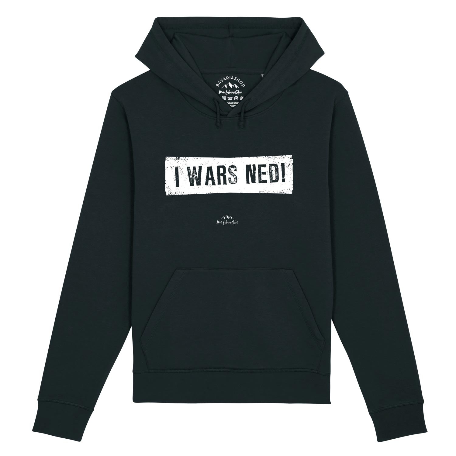 Damen Hoodie "I wars ned!" in Schwarz mit weißem Schriftzug, Kapuze und Kängurutasche auf Vorderseite
