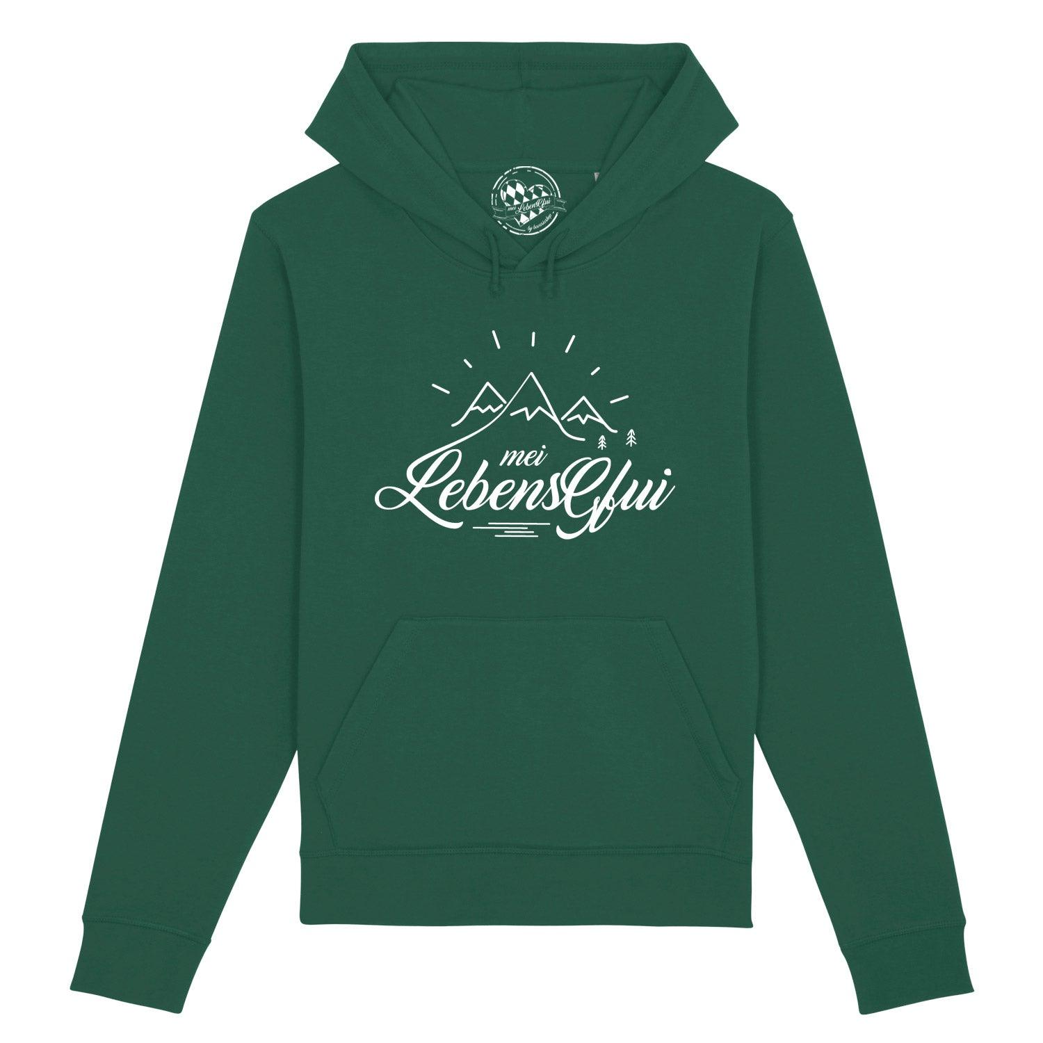 Damen Hoodie "Mei LebensGfui" in Dunkelgrün mit weißem Berg- und Schrift-Print, Kapuze und Bauchtasche.