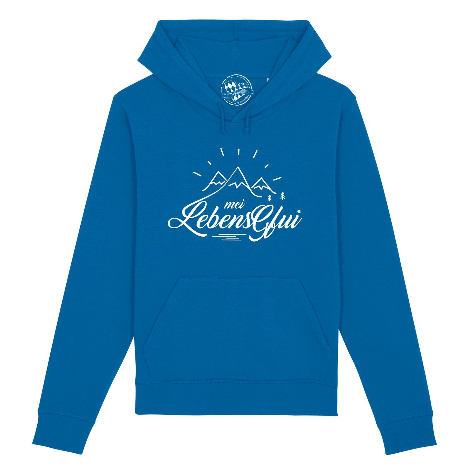 Blauer Damen Hoodie "Mei LebensGfui" mit weißem Alpenmotiv und Schriftzug vorne, Kängurutasche.