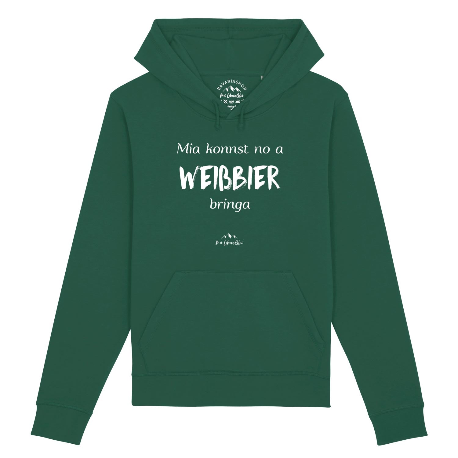 Damen Hoodie Mia konnst no a Weißbier bringa in Dunkelgrün mit weißem Brustaufdruck in bayerischem Dialekt.