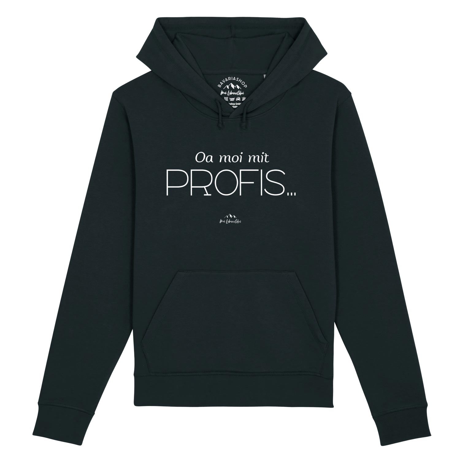 Damen Hoodie Oa moi mit Profis! in Schwarz mit weißem Schriftzug und Kängurutasche.