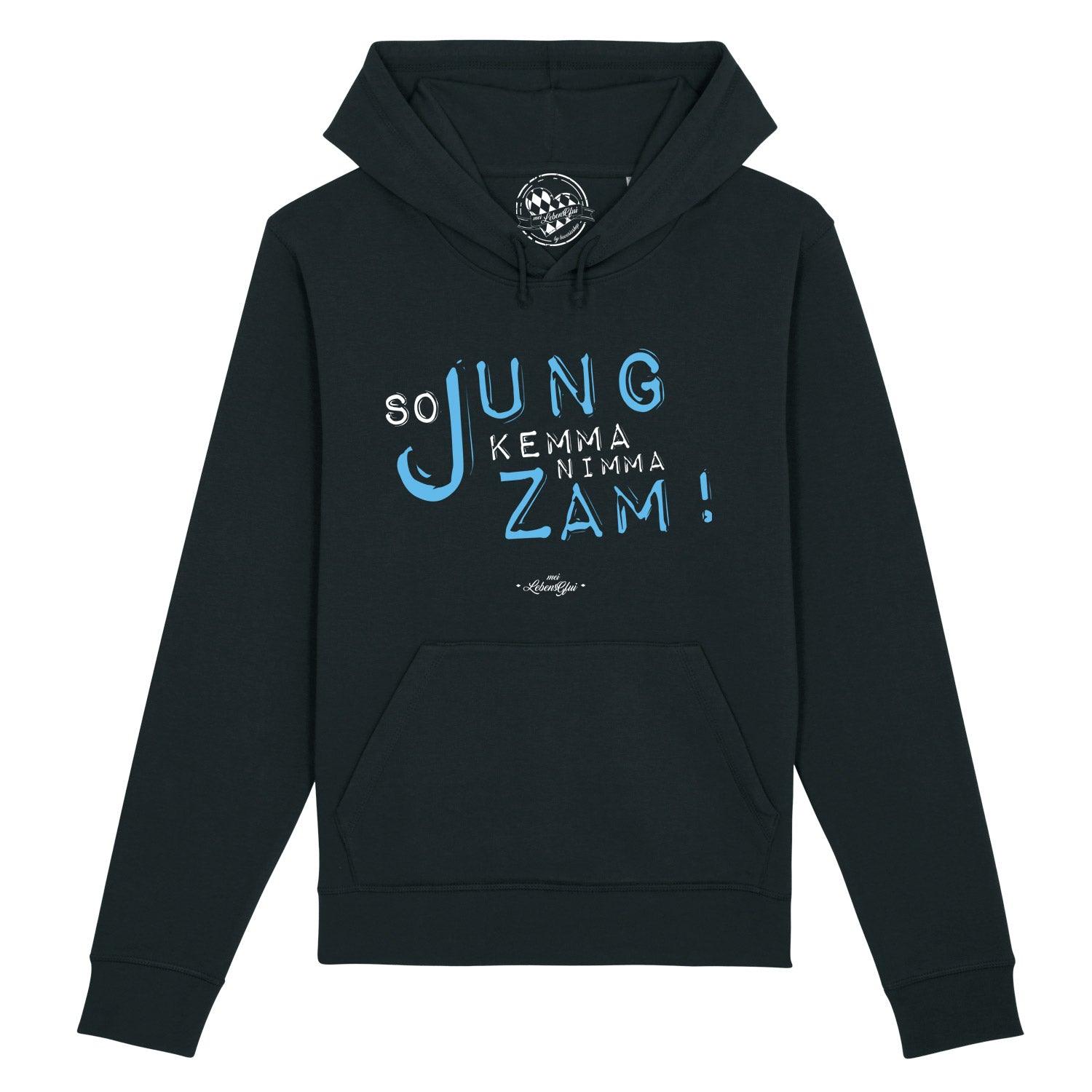Dunkelblauer Damen Hoodie "So jung" mit weißem und hellblauem Schriftzug "So Jung Kemma Nimma Zam!" und Bauchtasche.