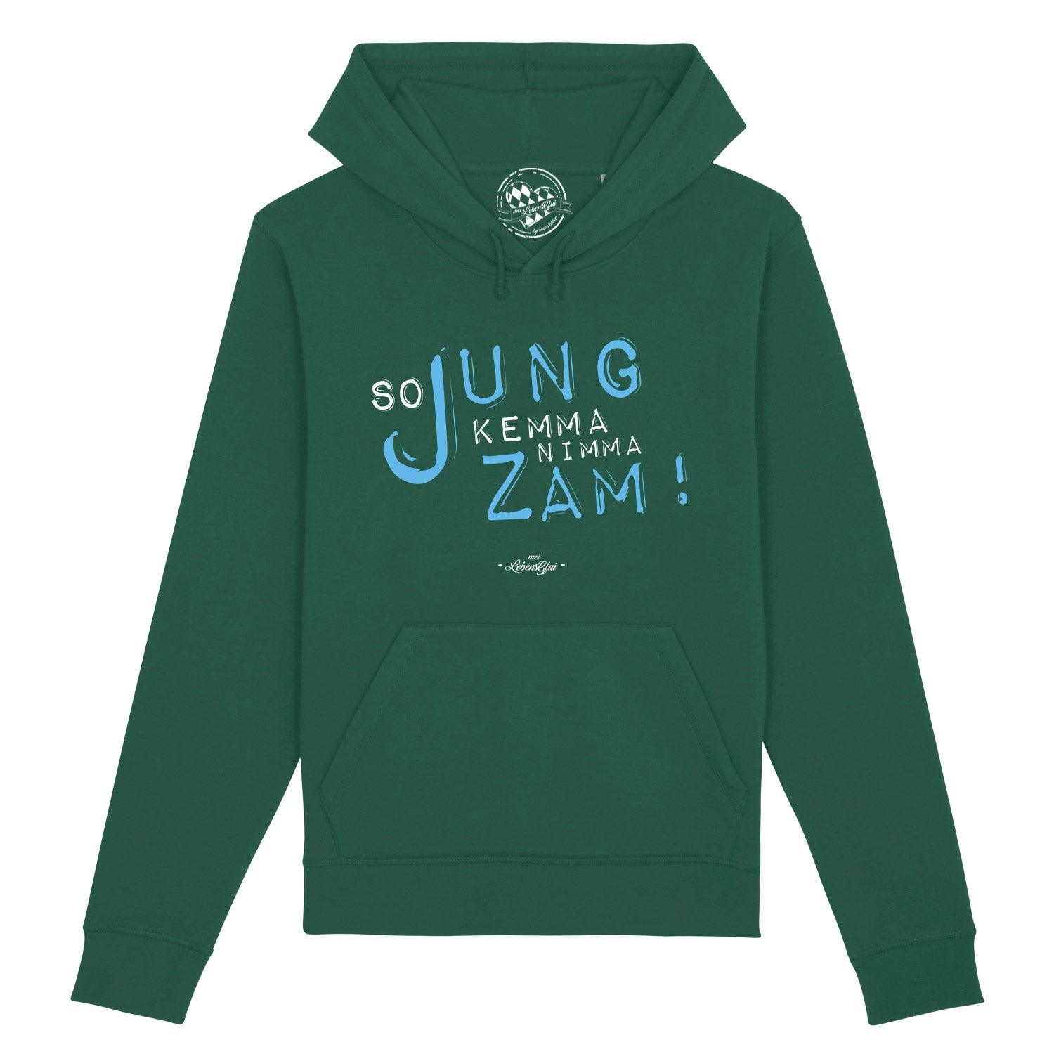 Dunkelgrüner Damen Hoodie "So jung" mit weißer und blauer Aufschrift, Kapuze und Bauchtasche.