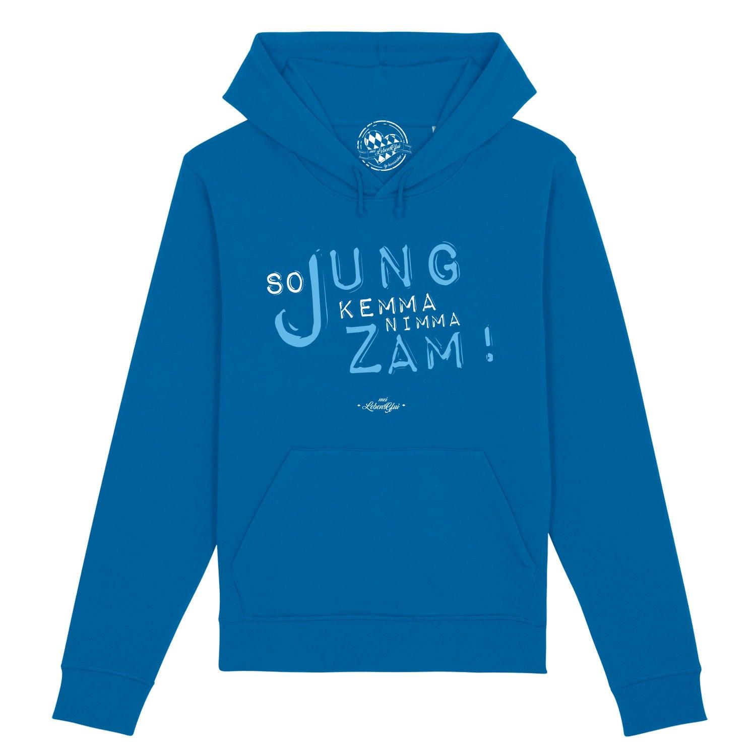 Blauer Damen Hoodie So jung mit Aufdruck "so jung kemma nimma zam!" und Kängurutasche.