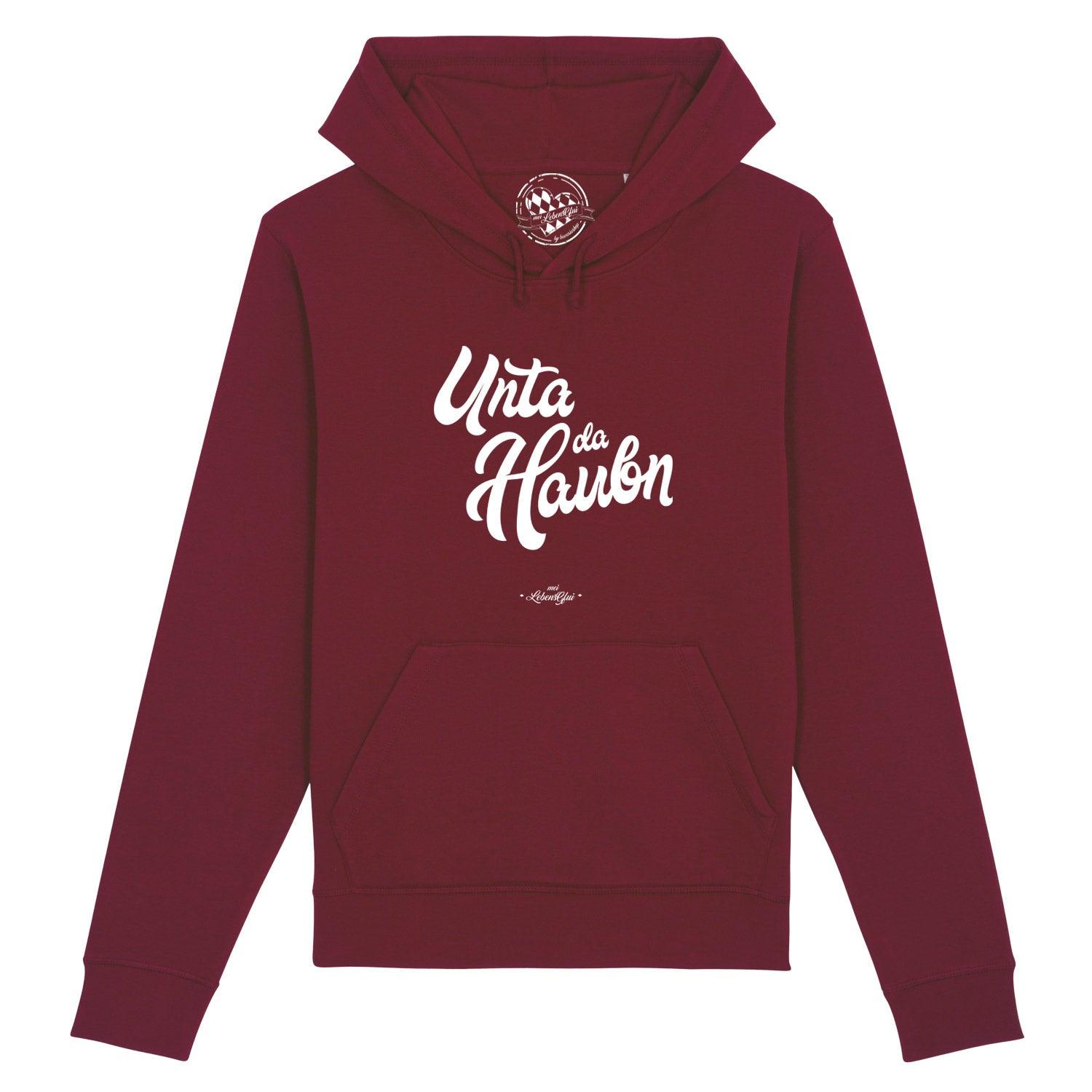 Roter Damen Hoodie "Unta da Haubn" mit weißem Schriftzug, Kapuze und Bauchtasche, aus Bio-Baumwolle.