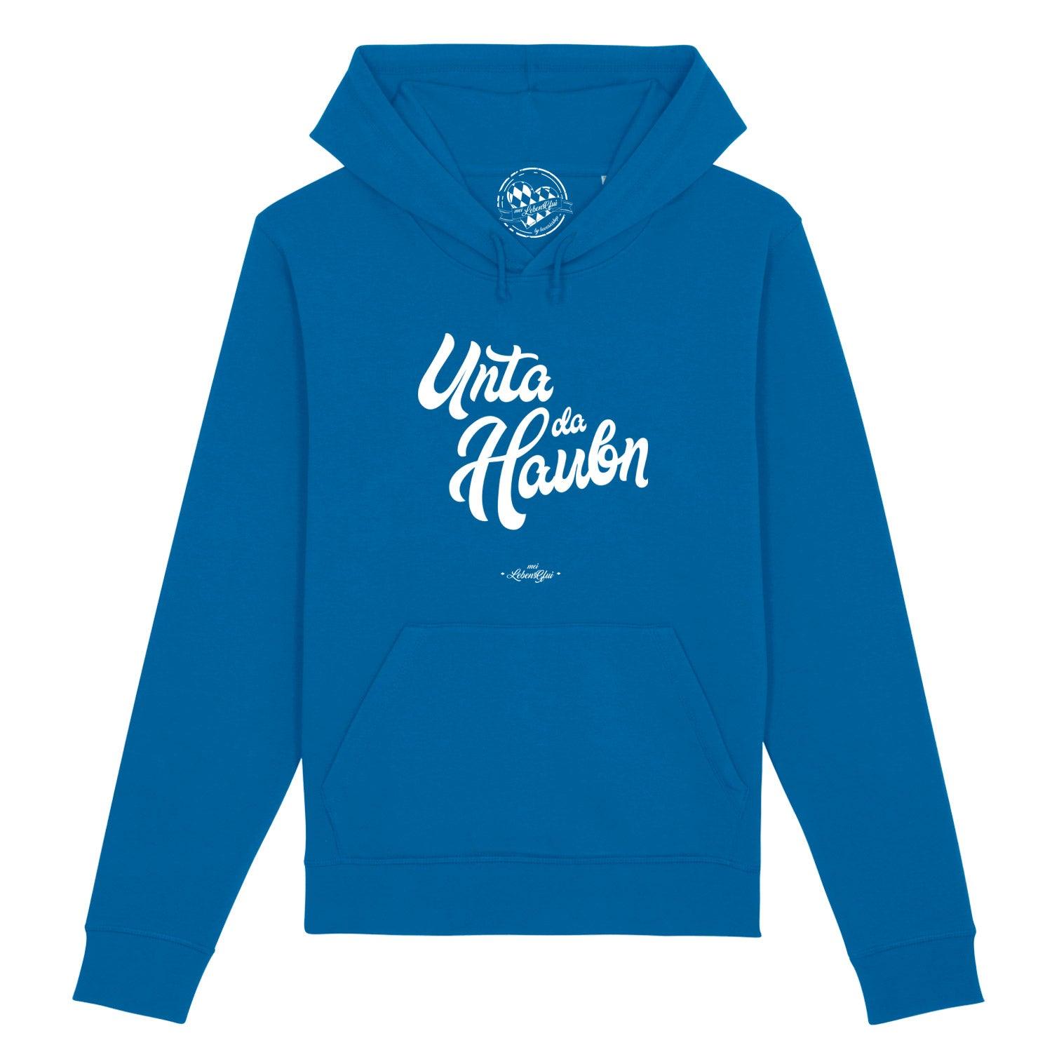 Blauer Damen Hoodie Unta da Haubn mit weißem Schriftzug, Kapuze und Bauchtasche, aus Baumwolle.