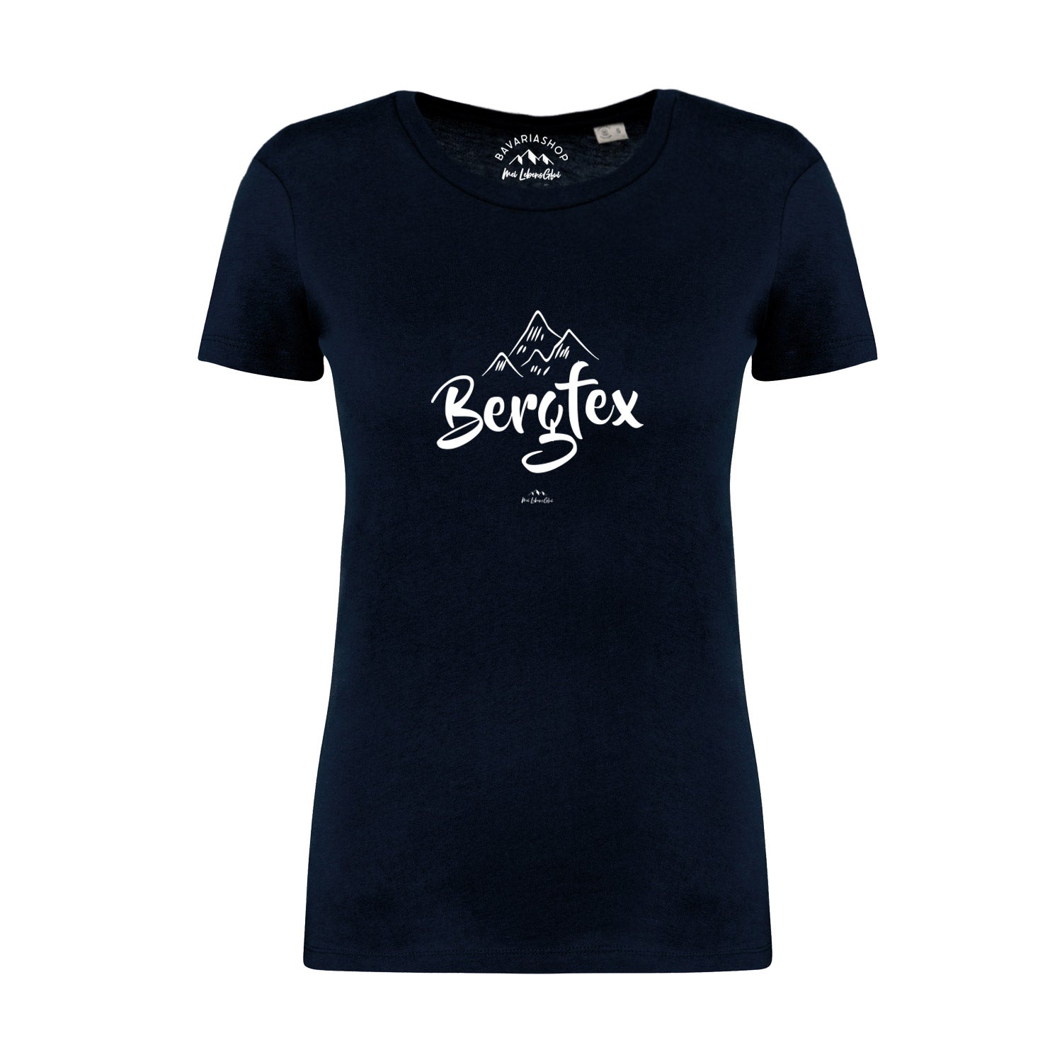Dunkelblaues Damen T-Shirt Bergfex mit weißem Aufdruck einer Berglandschaft und Schriftzug