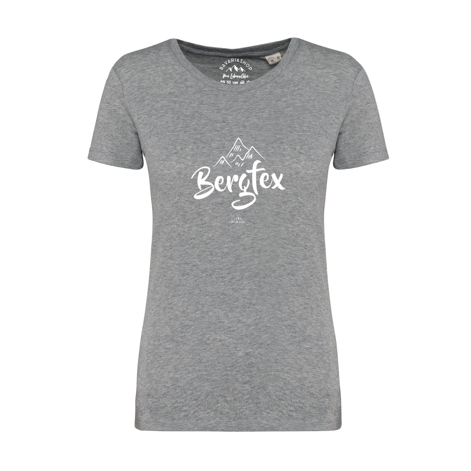 Graues Damen T-Shirt "Bergfex" mit weißem Bergmotiv und Schriftzug vorne, kurze Ärmel, Rundhalsausschnitt.