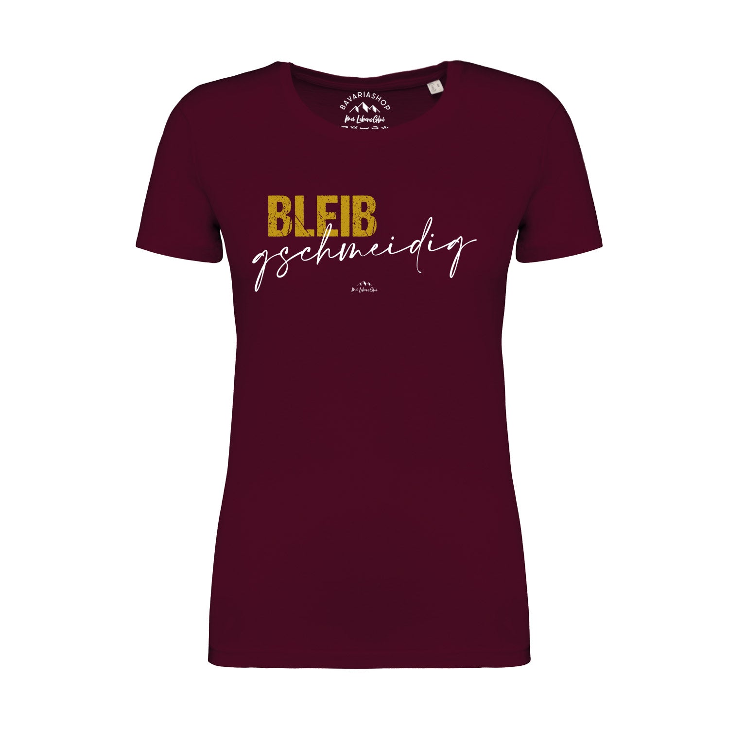 Bordeauxrotes Damen T-Shirt Bleib gschmeidig mit goldenem und weißem Frontdruck, kurzärmlig, Rundhals.