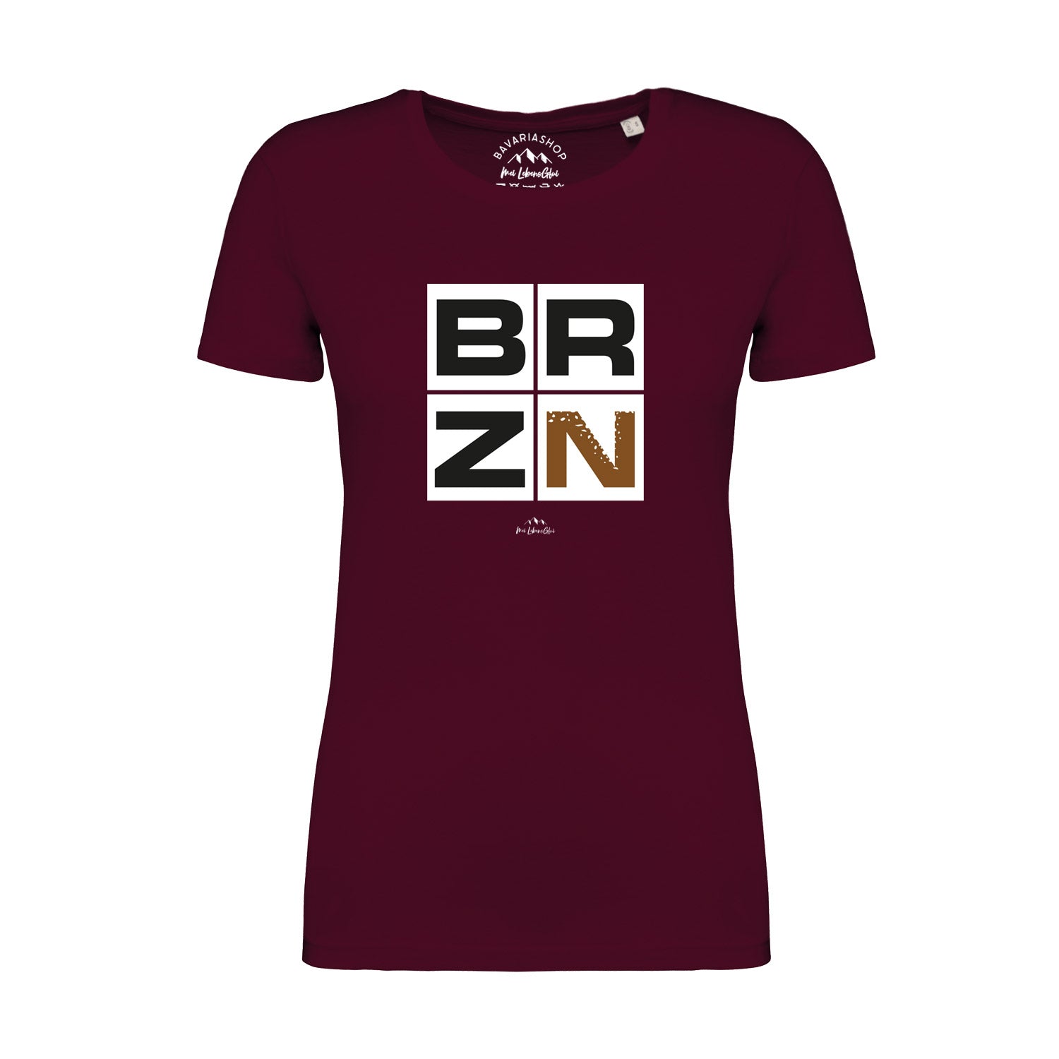 Dunkelrotes Damen T-Shirt BRZN mit weißem Karodruck und braunem ZN-Akzent auf der Brust