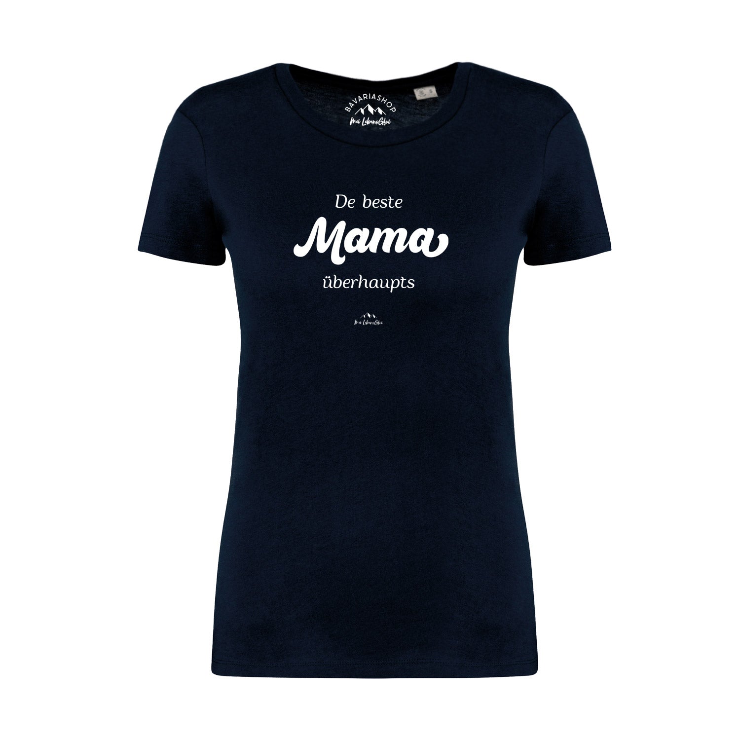 Dunkelblaues Damen T-Shirt De beste Mama übahaupts mit weißem Spruch und Logo, perfektes Geschenk für Mütter.