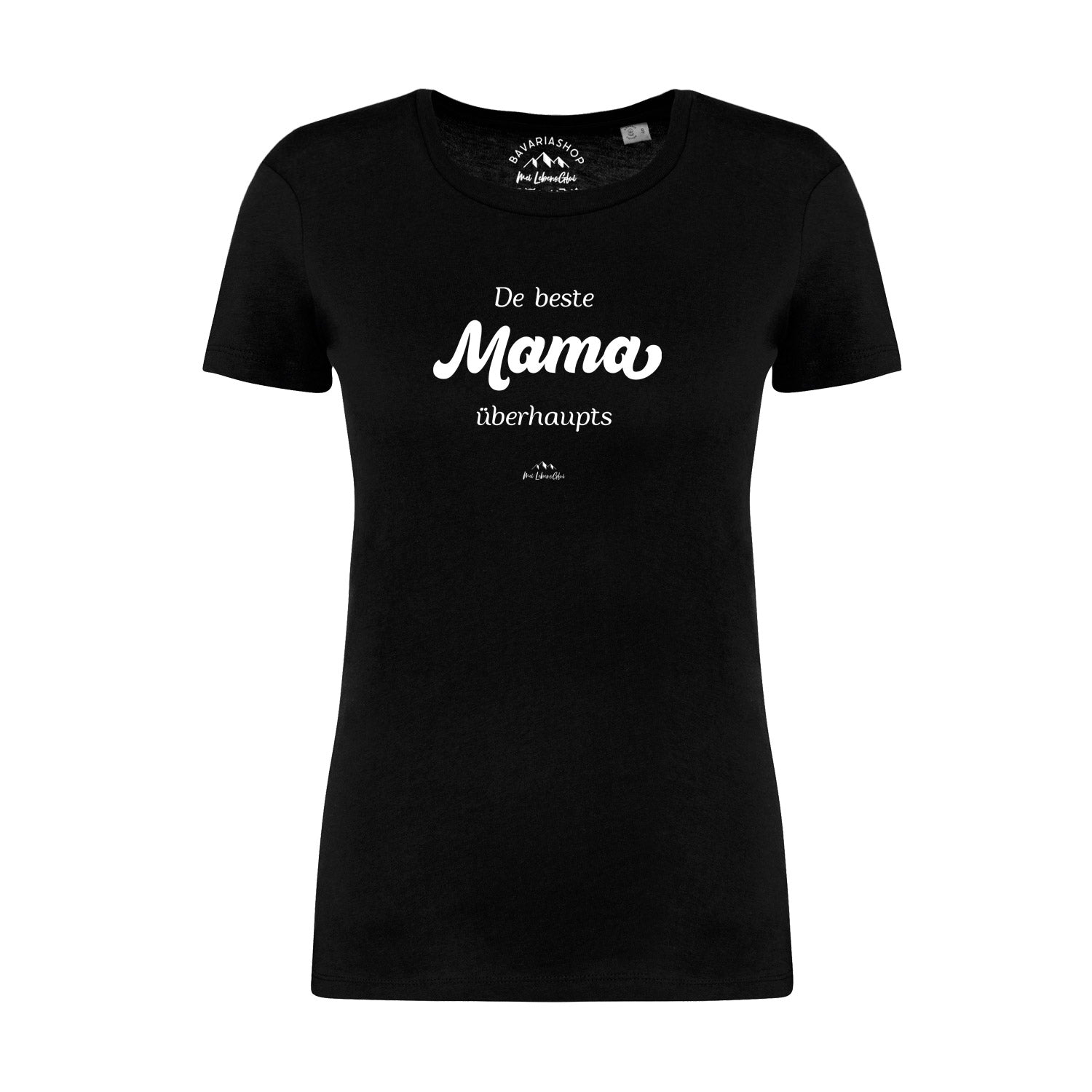Schwarzes Damen T-Shirt "De beste Mama übahaupts" mit weißem Schriftzug und Rundhalsausschnitt, frontalansicht.