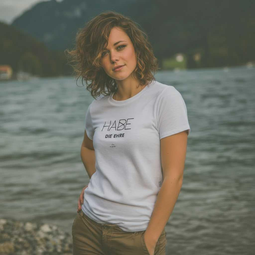 Junge Frau am See trägt das weiße Damen T-Shirt "Habe die Ehre" mit Schriftzug und lockerer Passform.
